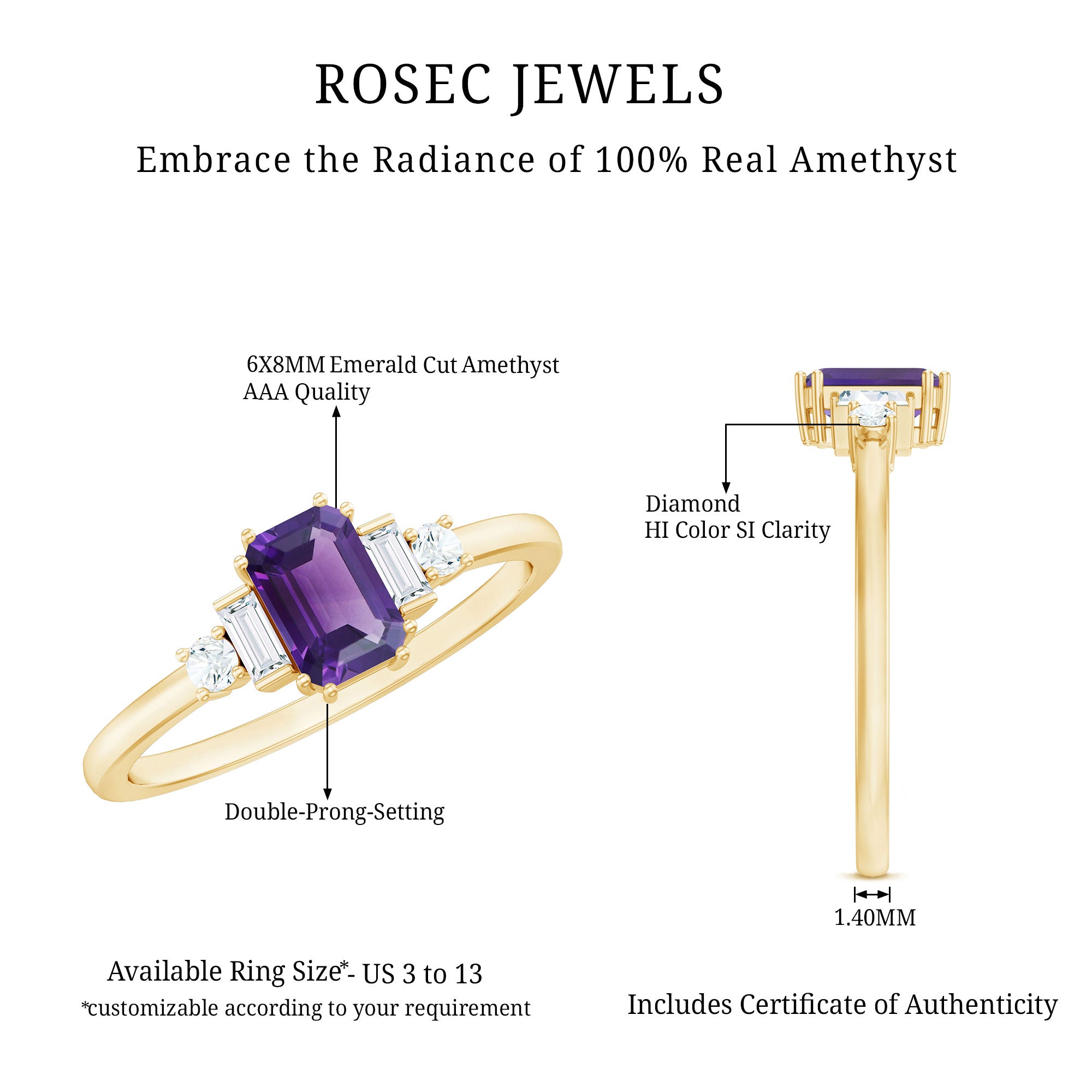 1.4 Carat Amethyst Emerald Cut Engagement Ring with Diamond AAA - Rosec Jewels