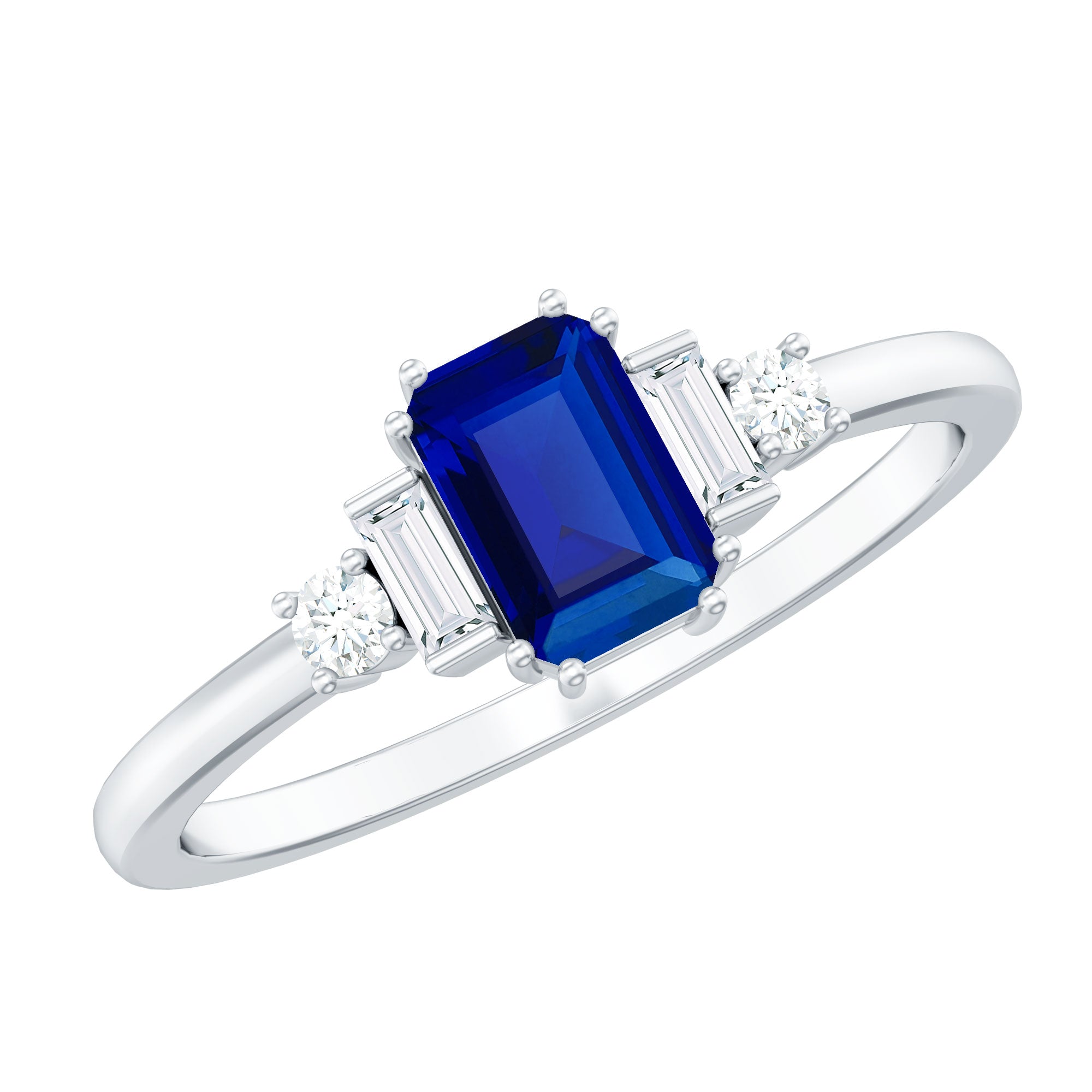Classic Octagon Cut Created Blue Sapphire Ring with Diamond