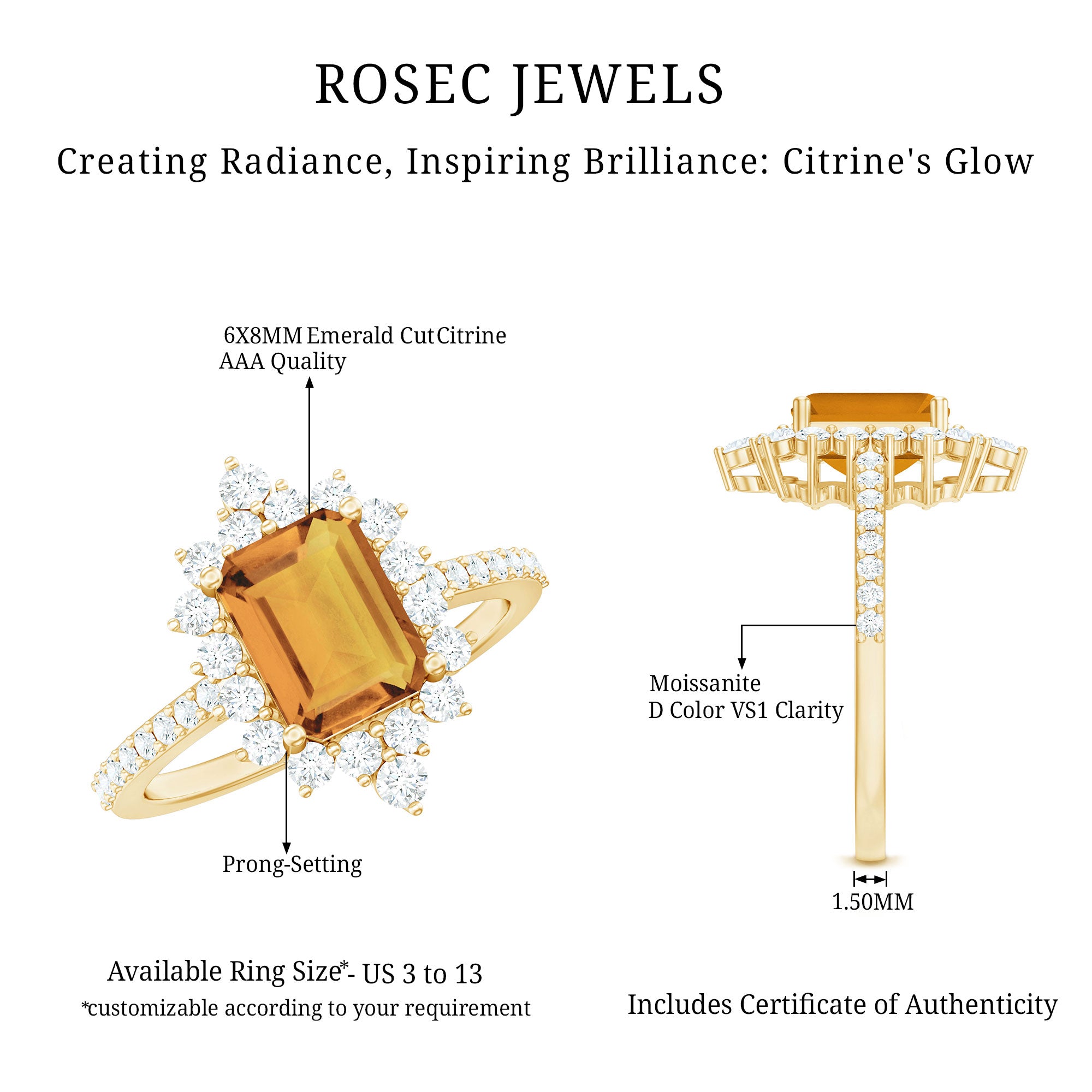 Vintage Looking Citrine Emerald Cut Engagement Ring with Halo AAA - Rosec Jewels