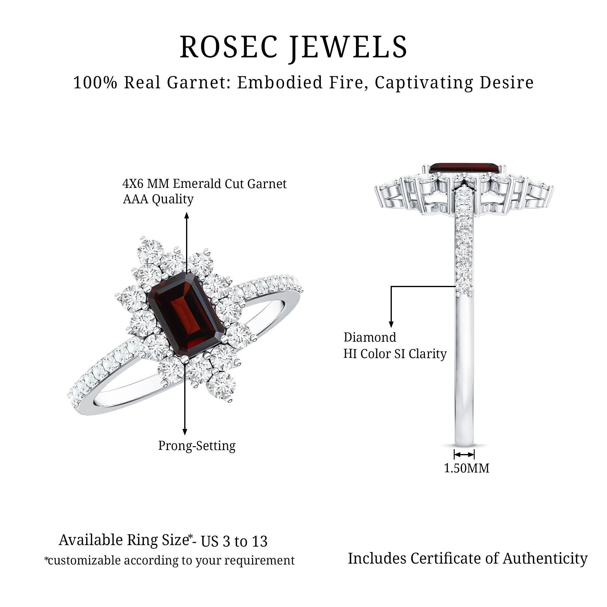 Vintage Inspired Garnet Emerald Cut Engagement Ring with Diamond Halo AAA - Rosec Jewels