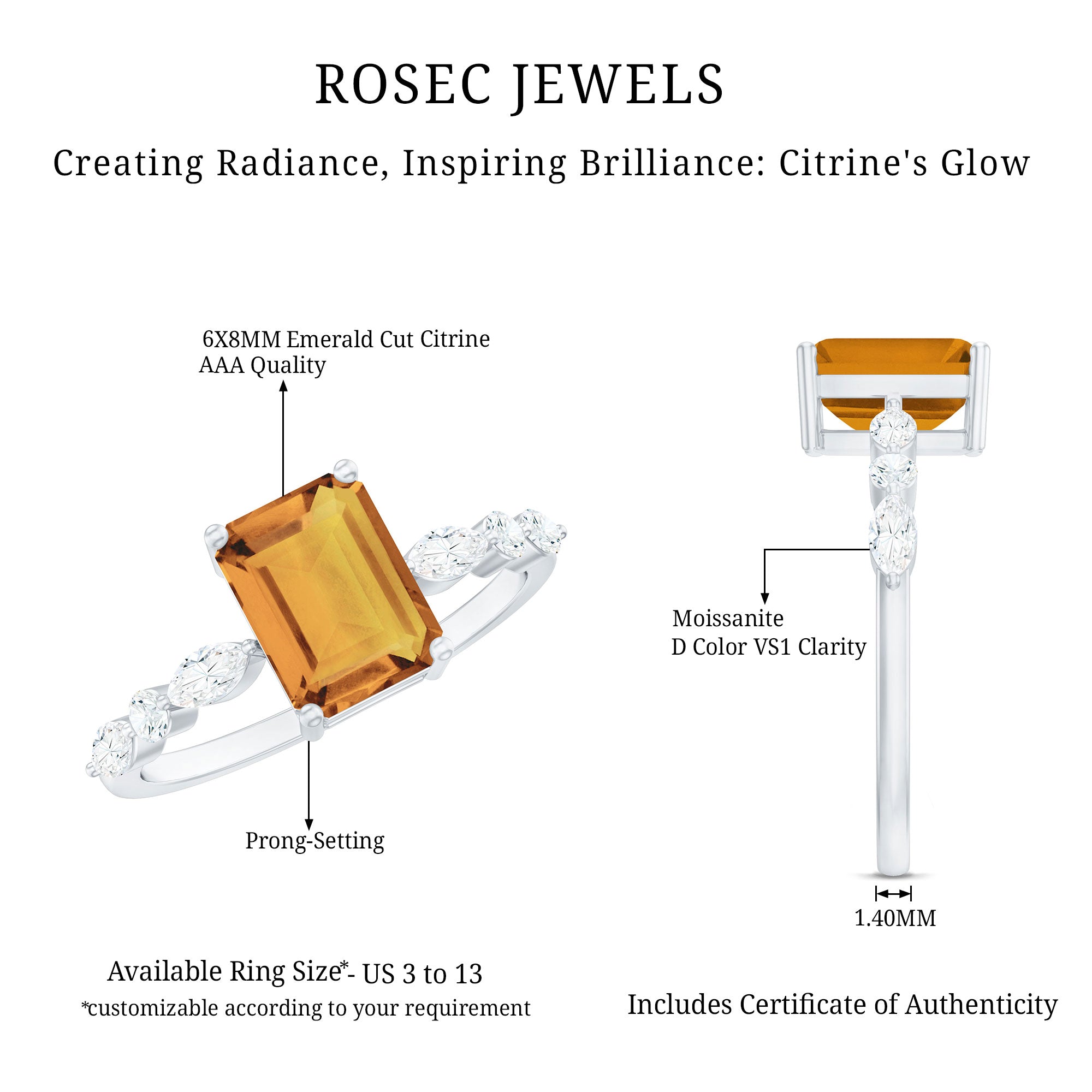 Certified Real Citrine Emerald Cut Engagement Ring with Diamond AAA - Rosec Jewels