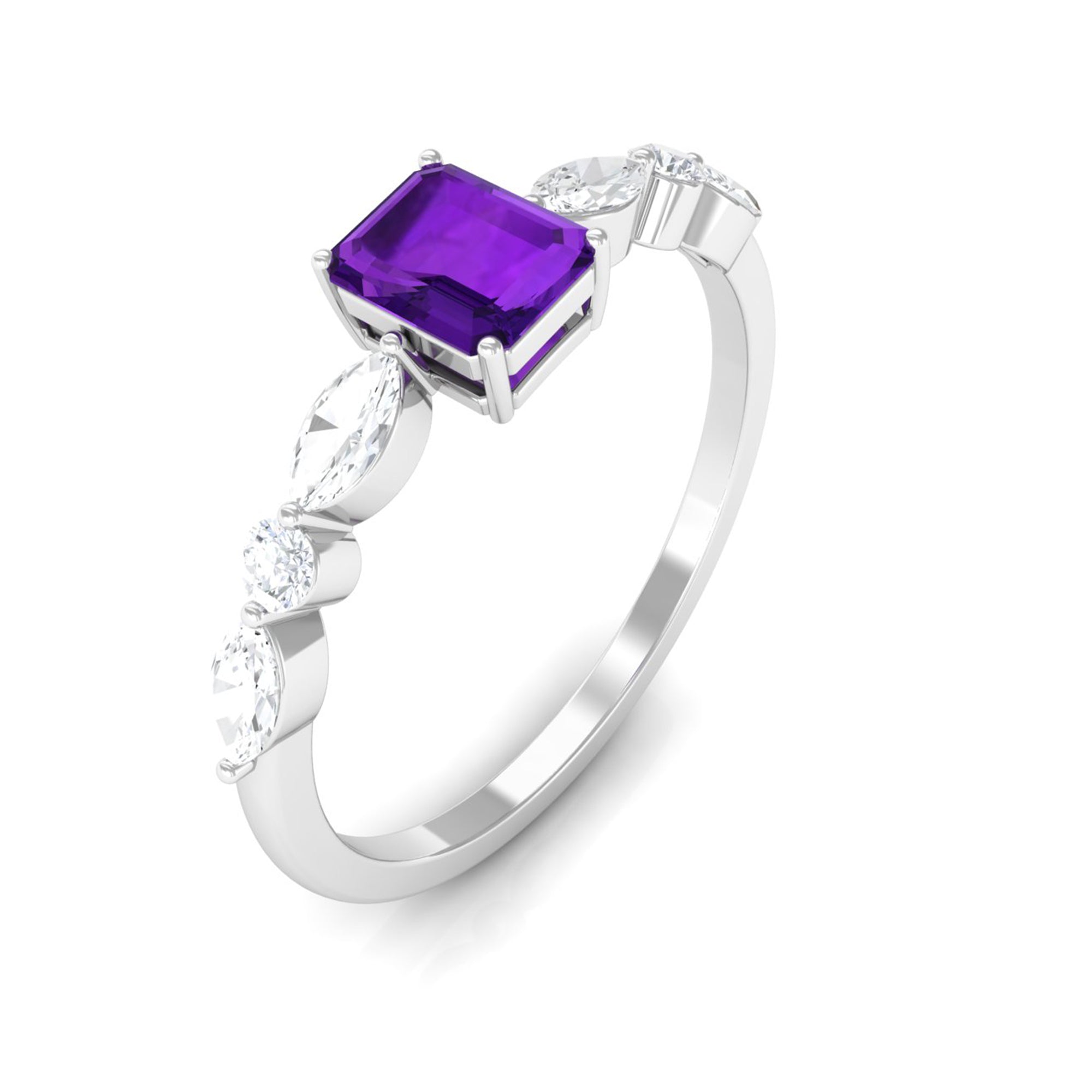 Genuine 1.4 Carat Amethyst Emerald Cut Engagement Ring with Diamond AAA - Rosec Jewels