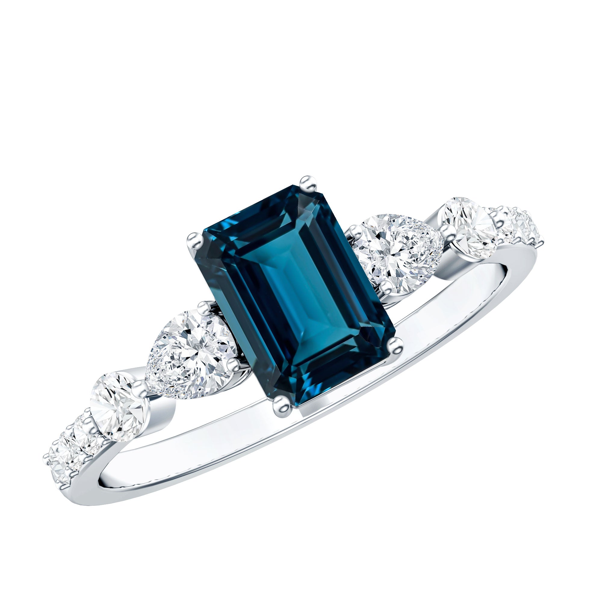 Genuine 2.2 Carat Emerald Cut London Blue Topaz Engagement Ring with Diamond AAA - Rosec Jewels