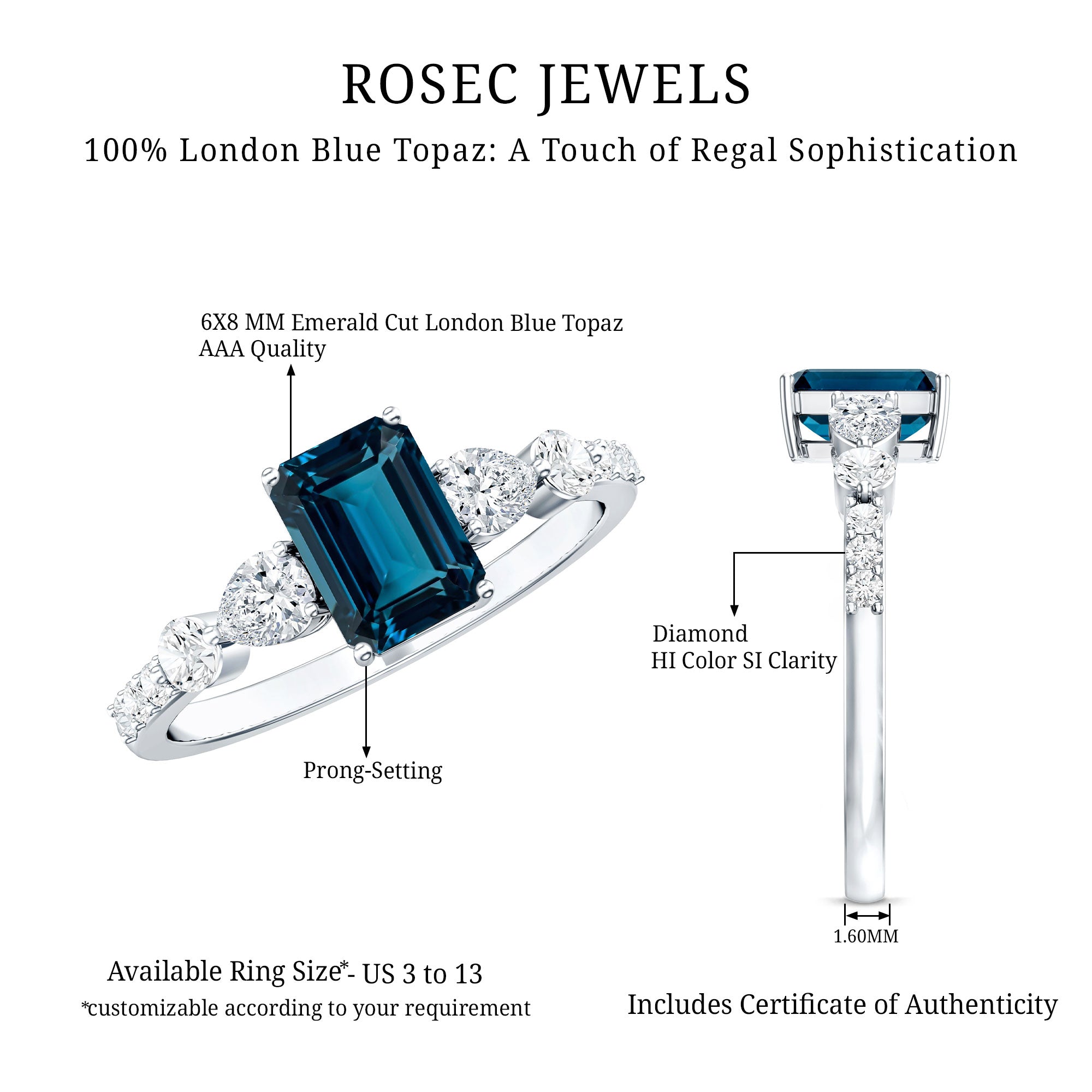 Genuine 2.2 Carat Emerald Cut London Blue Topaz Engagement Ring with Diamond AAA - Rosec Jewels