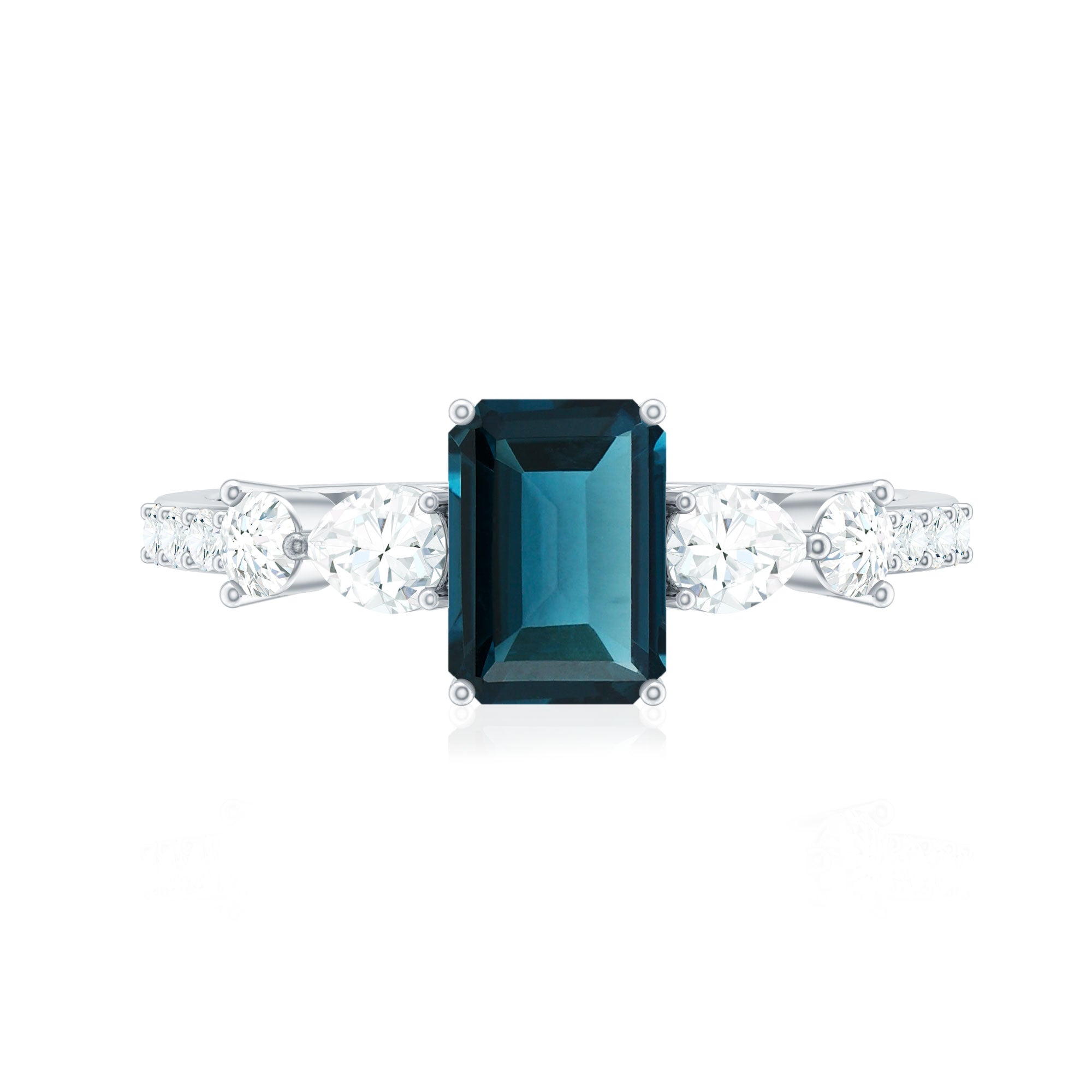 Genuine 6X8mm Emerald Cut London Blue Topaz Engagement Ring with Diamond AAA - Rosec Jewels