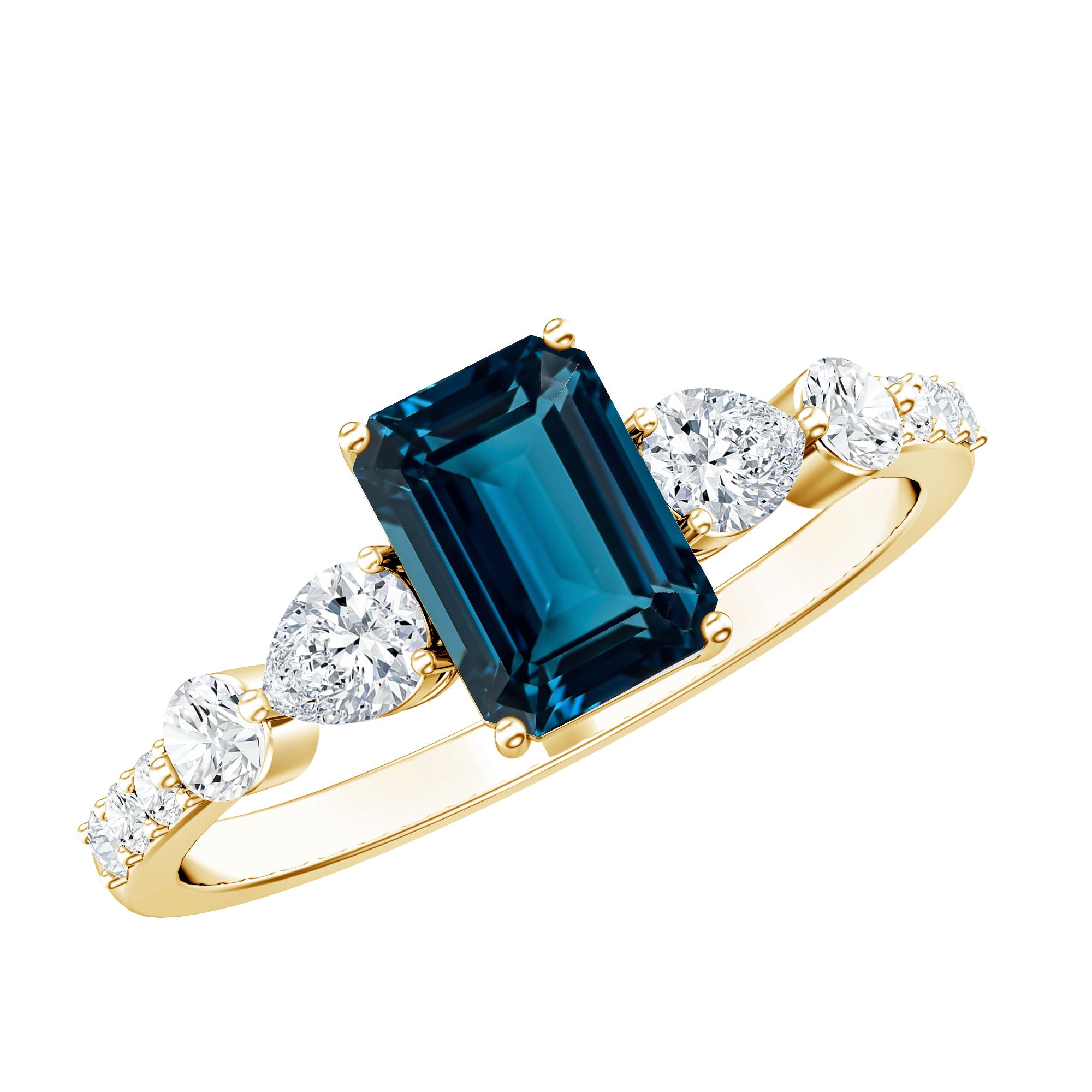 Genuine 2.2 Carat Emerald Cut London Blue Topaz Engagement Ring with Diamond AAA - Rosec Jewels
