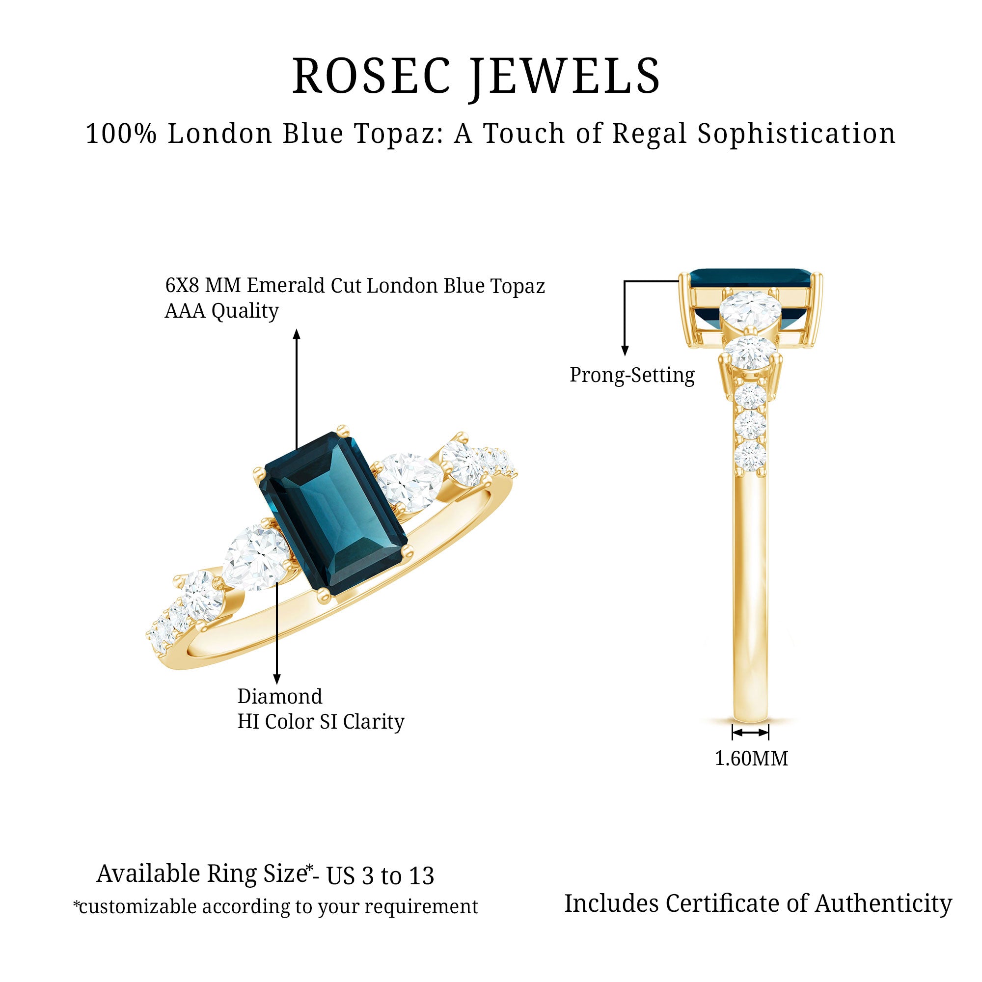 Genuine 6X8mm Emerald Cut London Blue Topaz Engagement Ring with Diamond AAA - Rosec Jewels