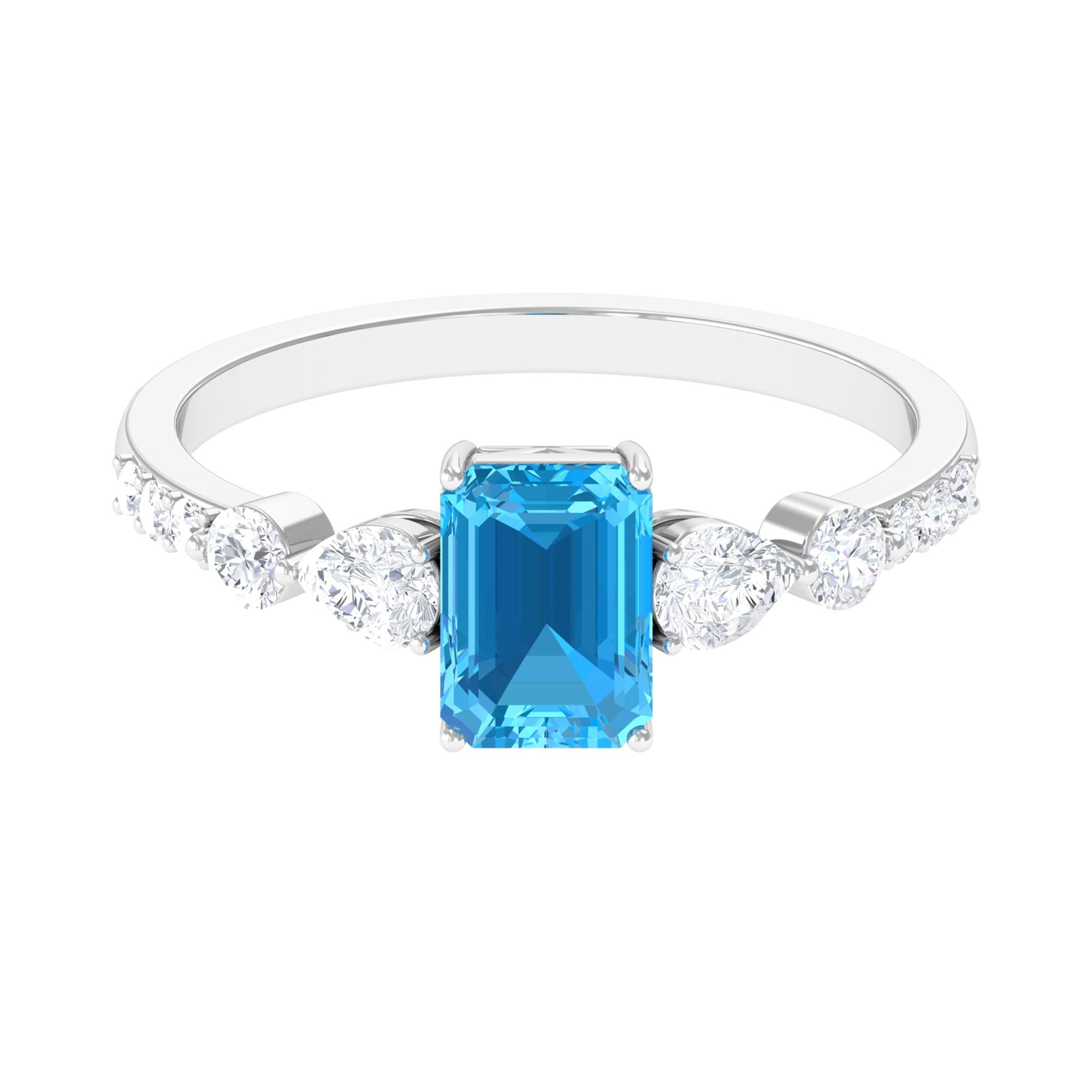 Classic Emerald Cut Swiss Blue Topaz Solitaire Engagement Ring with Moissanite