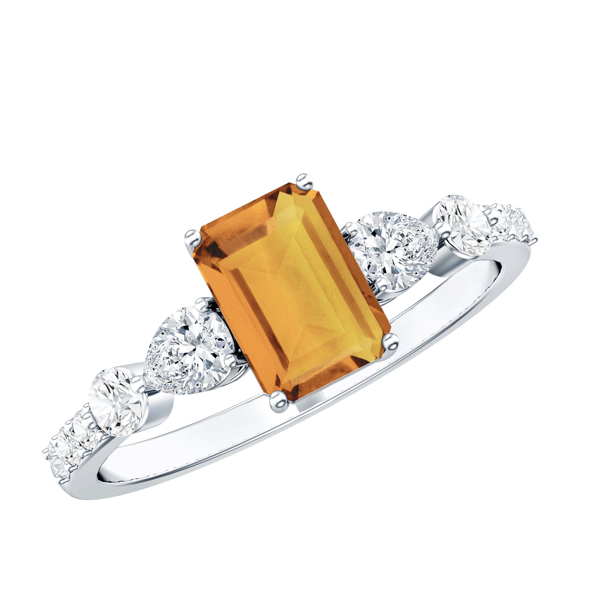 1.8 Carat Genuine Citrine Emerald Cut Engagement Ring with Moissanite Side Stones AAA - Rosec Jewels