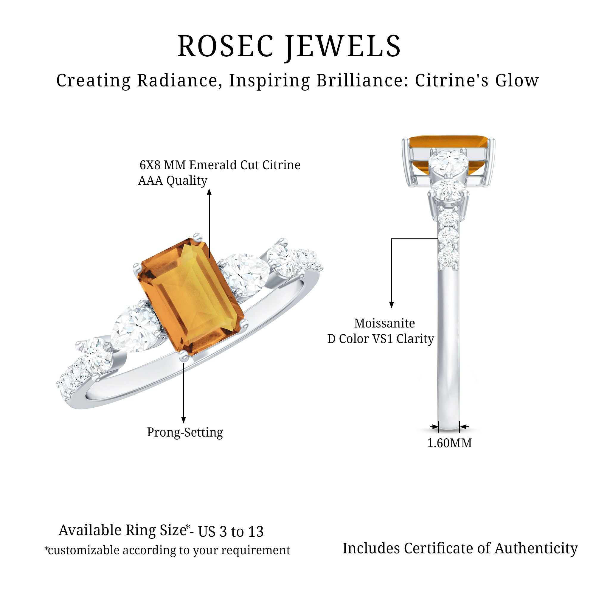 Rosec Jewels-Genuine 6X8mm Citrine Emerald Cut Engagement Ring with Moissanite Side Stones