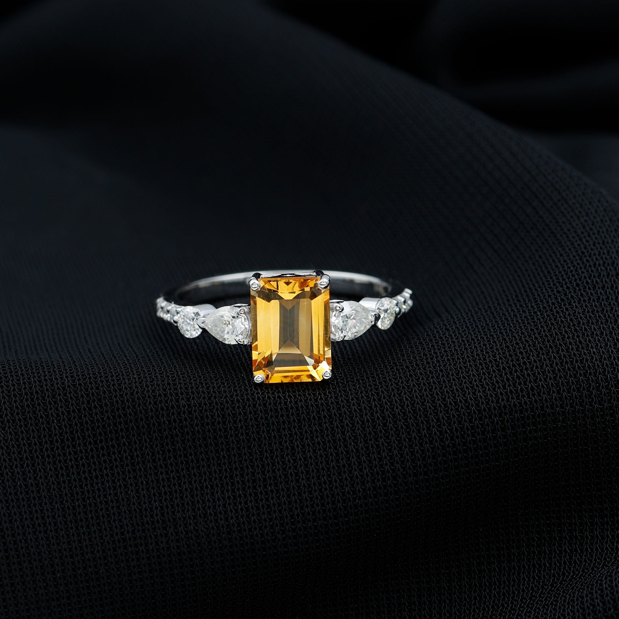 1.8 Carat Genuine Citrine Emerald Cut Engagement Ring with Moissanite Side Stones AAA - Rosec Jewels