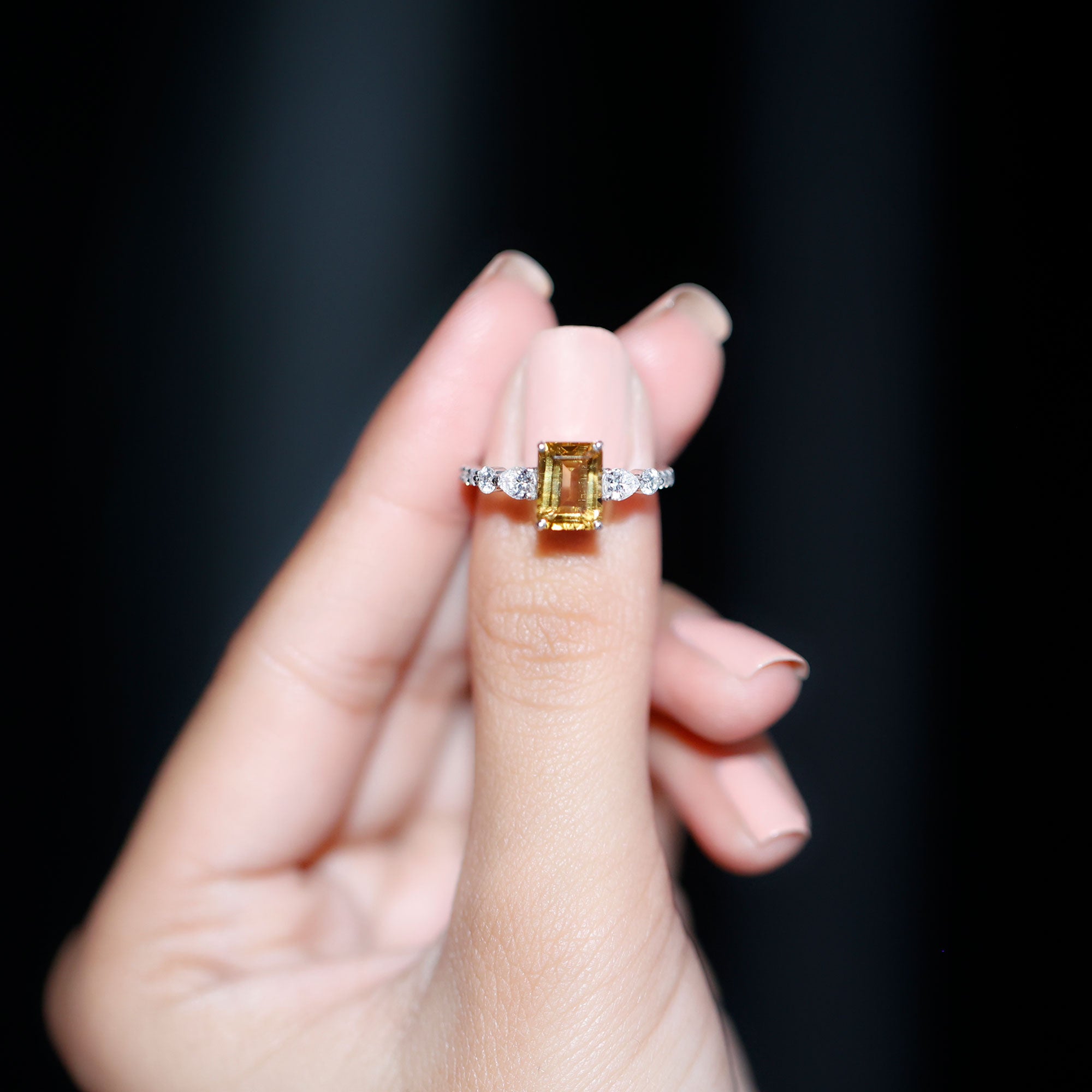 1.8 Carat Genuine Citrine Emerald Cut Engagement Ring with Moissanite Side Stones AAA - Rosec Jewels
