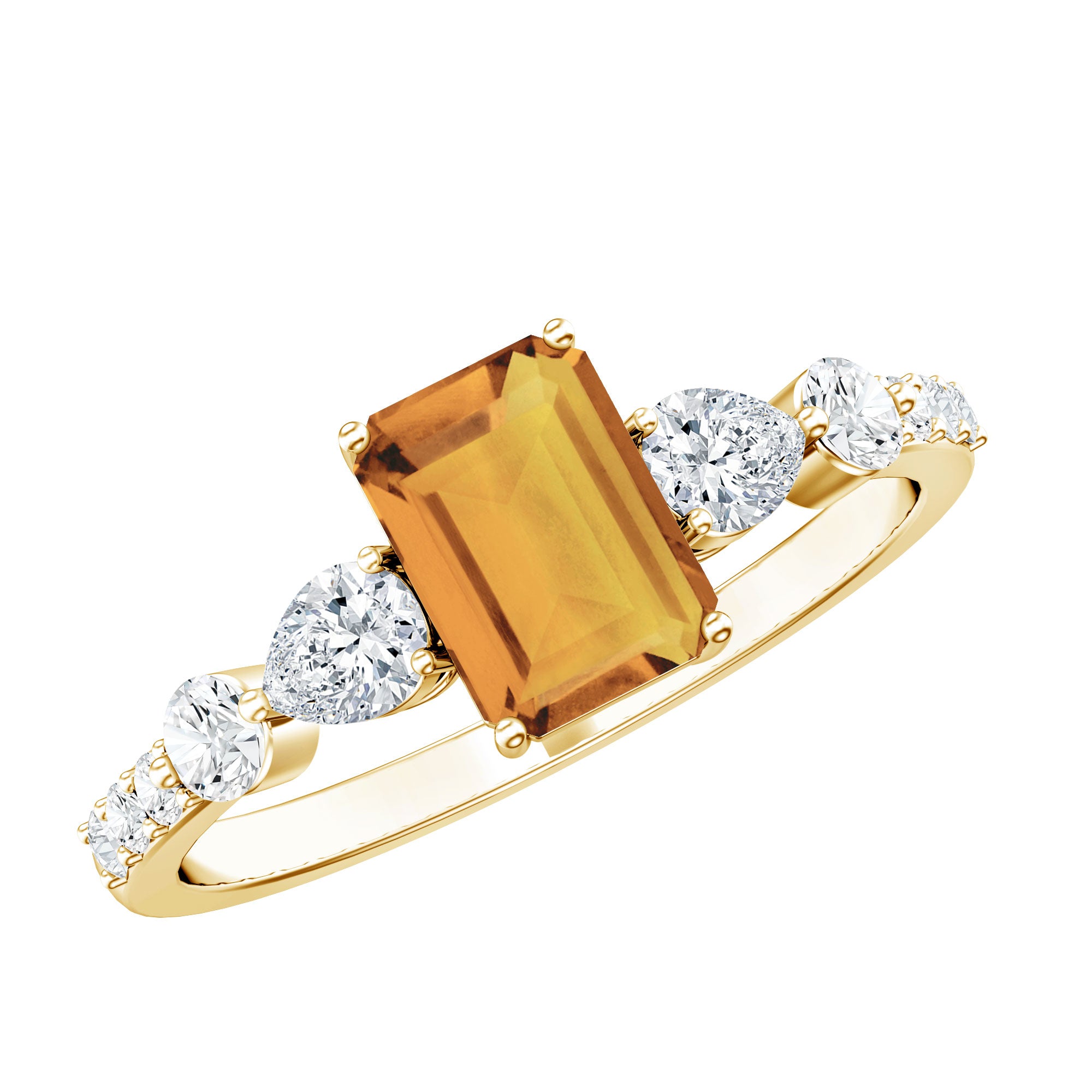 1.8 Carat Genuine Citrine Emerald Cut Engagement Ring with Moissanite Side Stones AAA - Rosec Jewels