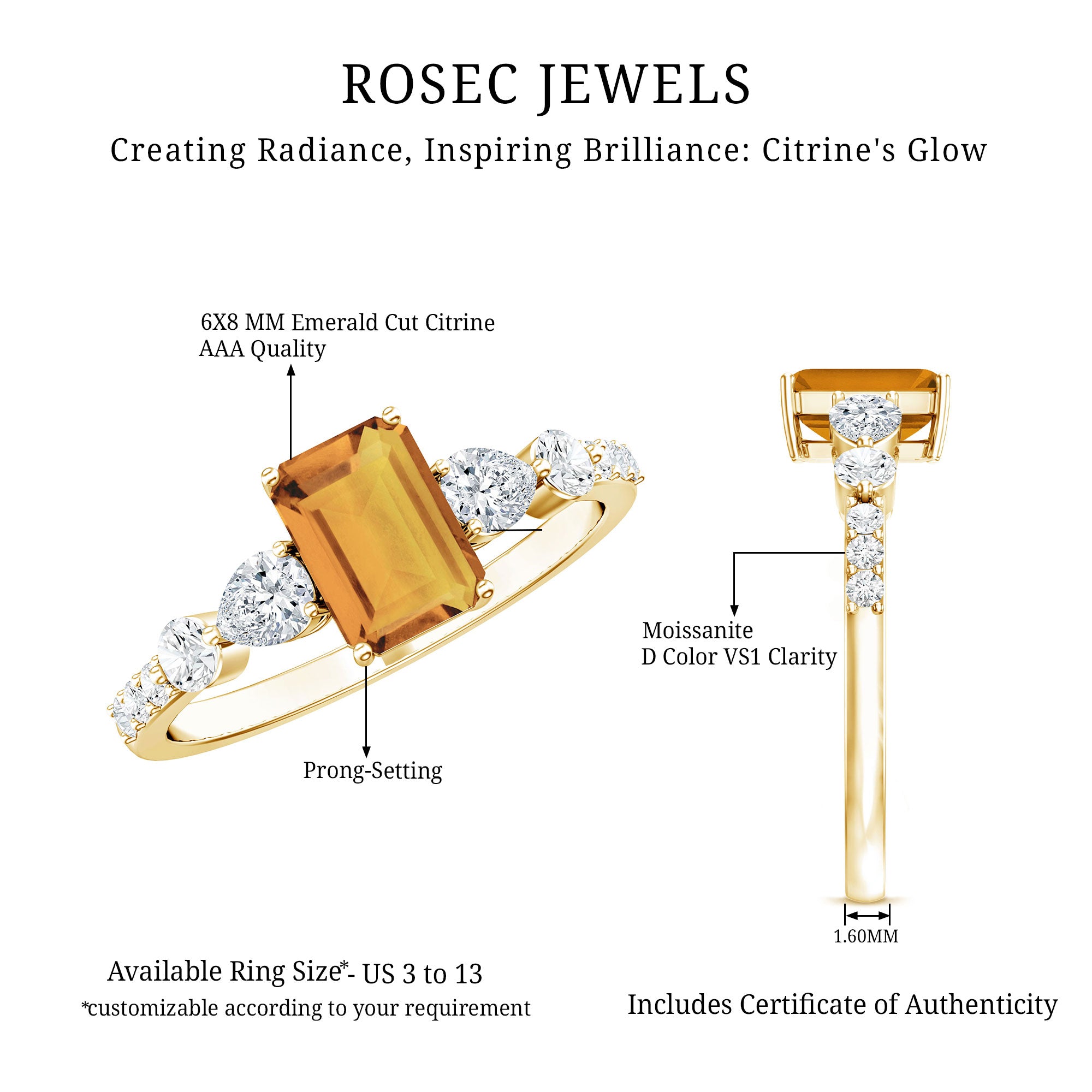 1.8 Carat Genuine Citrine Emerald Cut Engagement Ring with Moissanite Side Stones AAA - Rosec Jewels