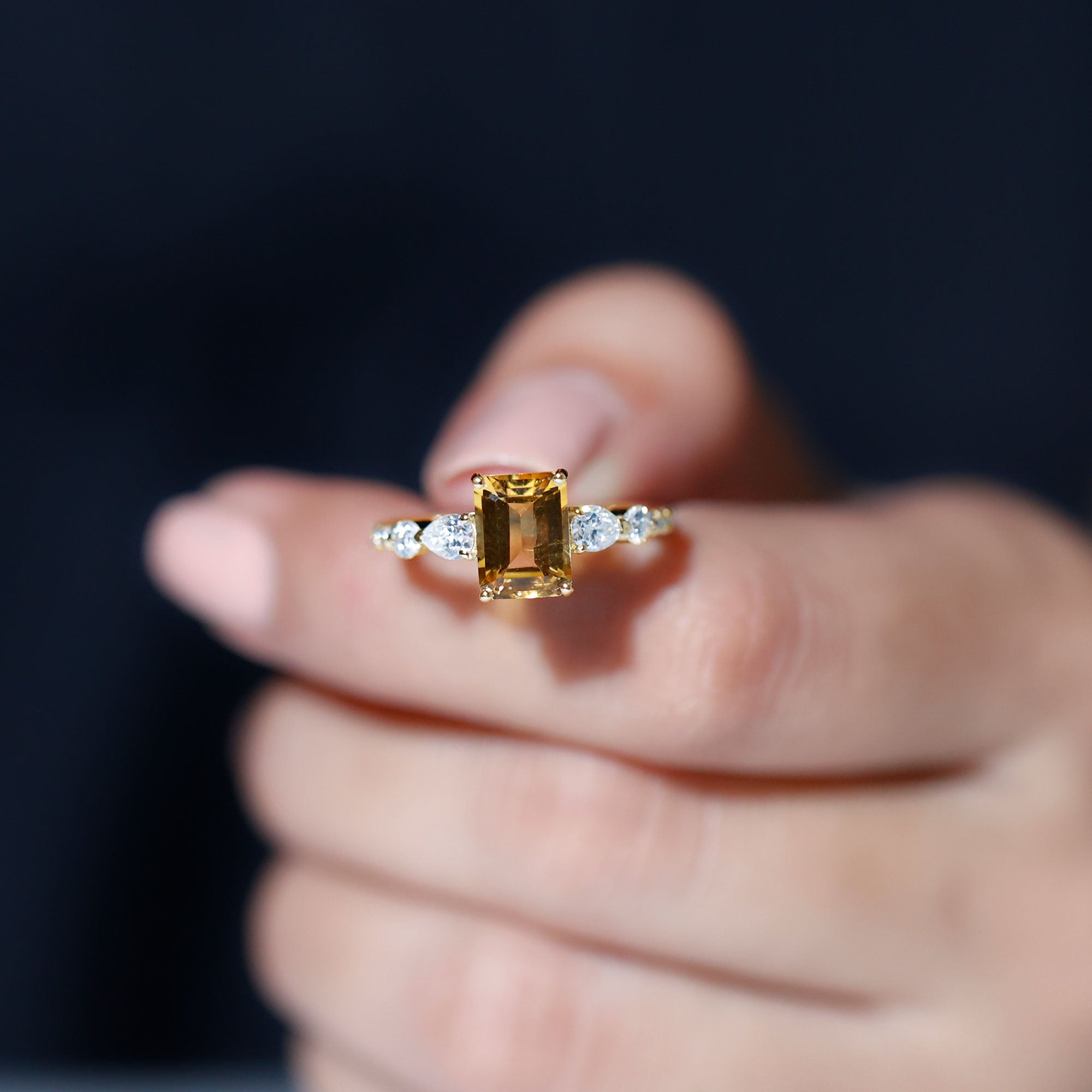 1.8 Carat Genuine Citrine Emerald Cut Engagement Ring with Moissanite Side Stones AAA - Rosec Jewels