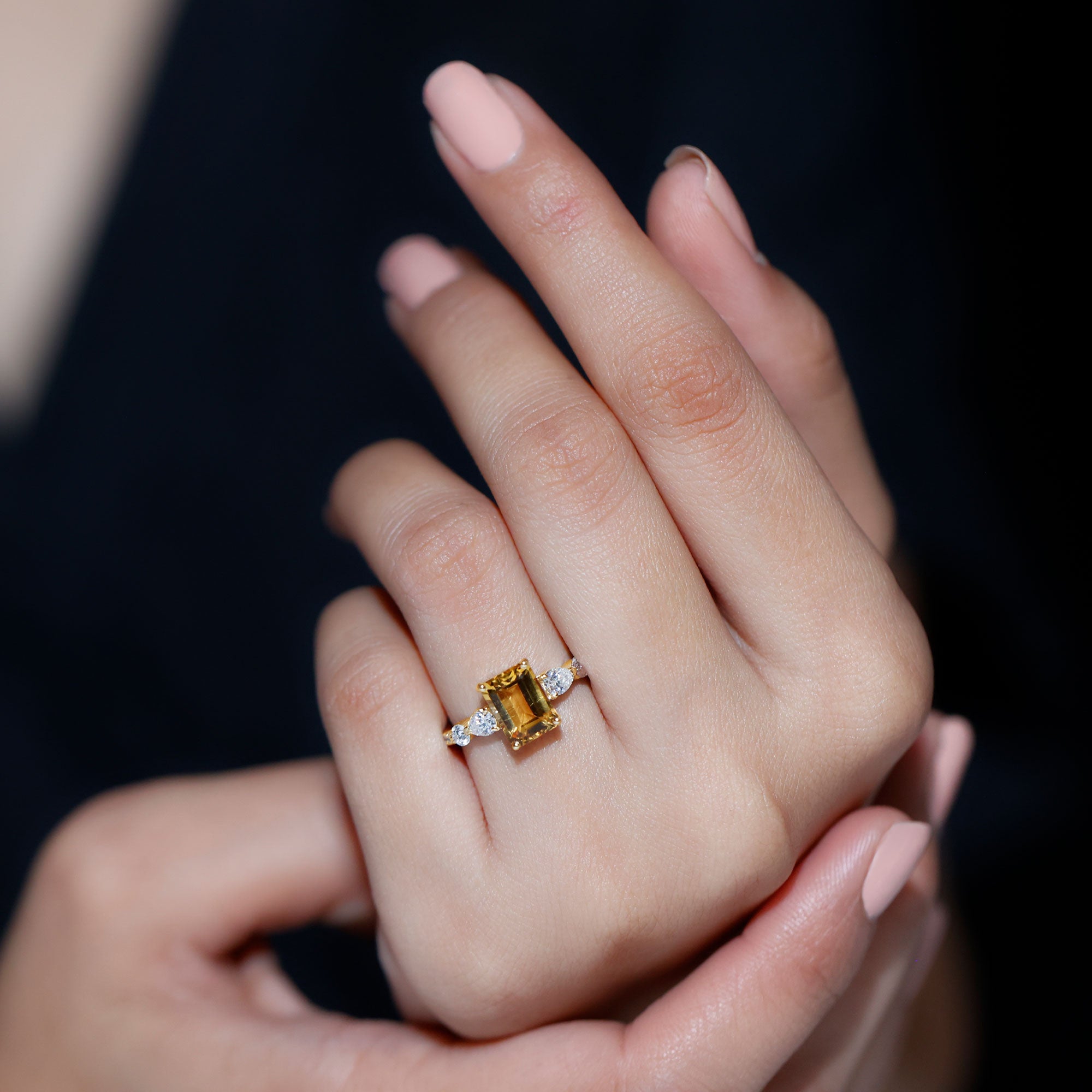 1.8 Carat Genuine Citrine Emerald Cut Engagement Ring with Moissanite Side Stones AAA - Rosec Jewels