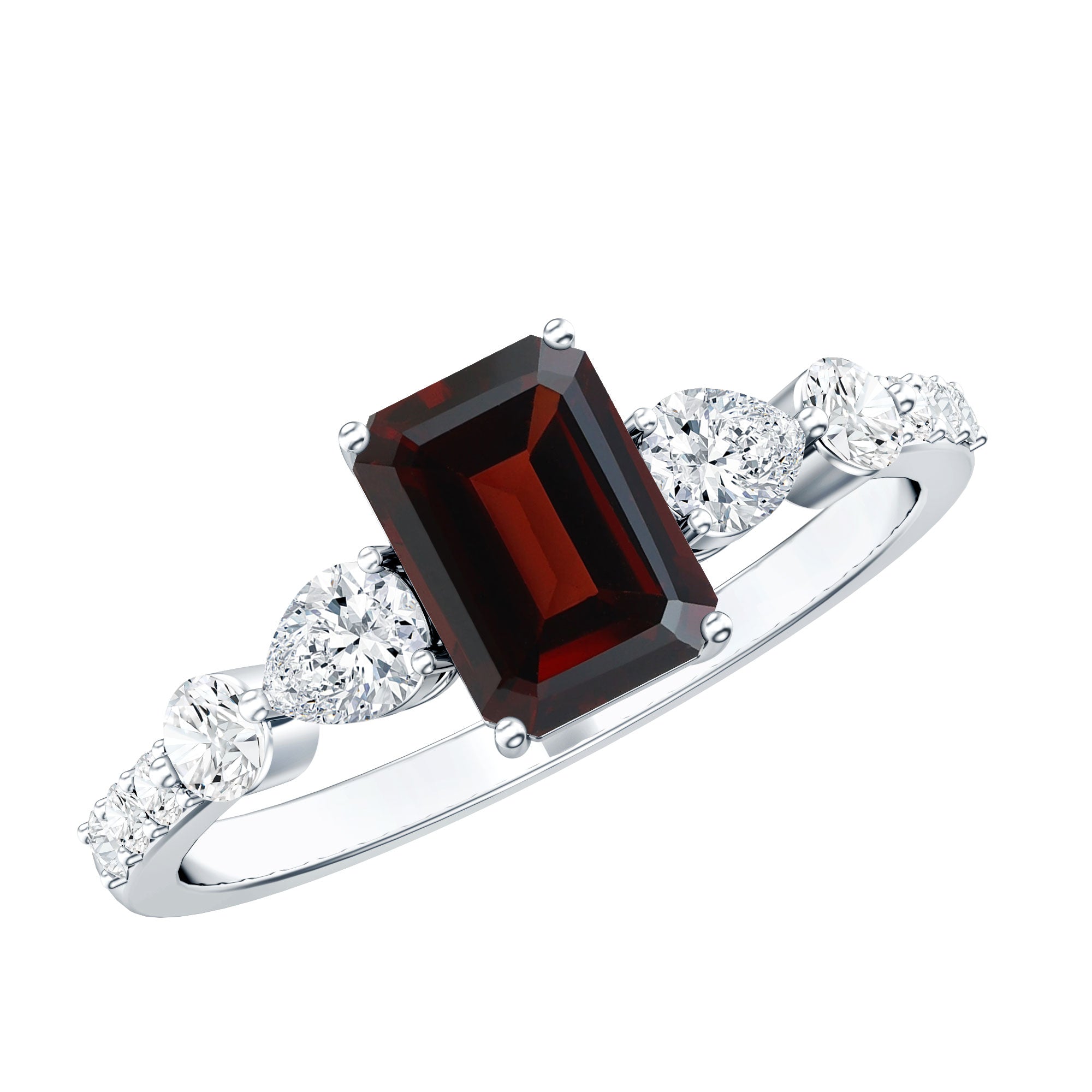 Genuine Garnet Emerald Cut Engagement Ring with Diamond Side Stones AAA - Rosec Jewels