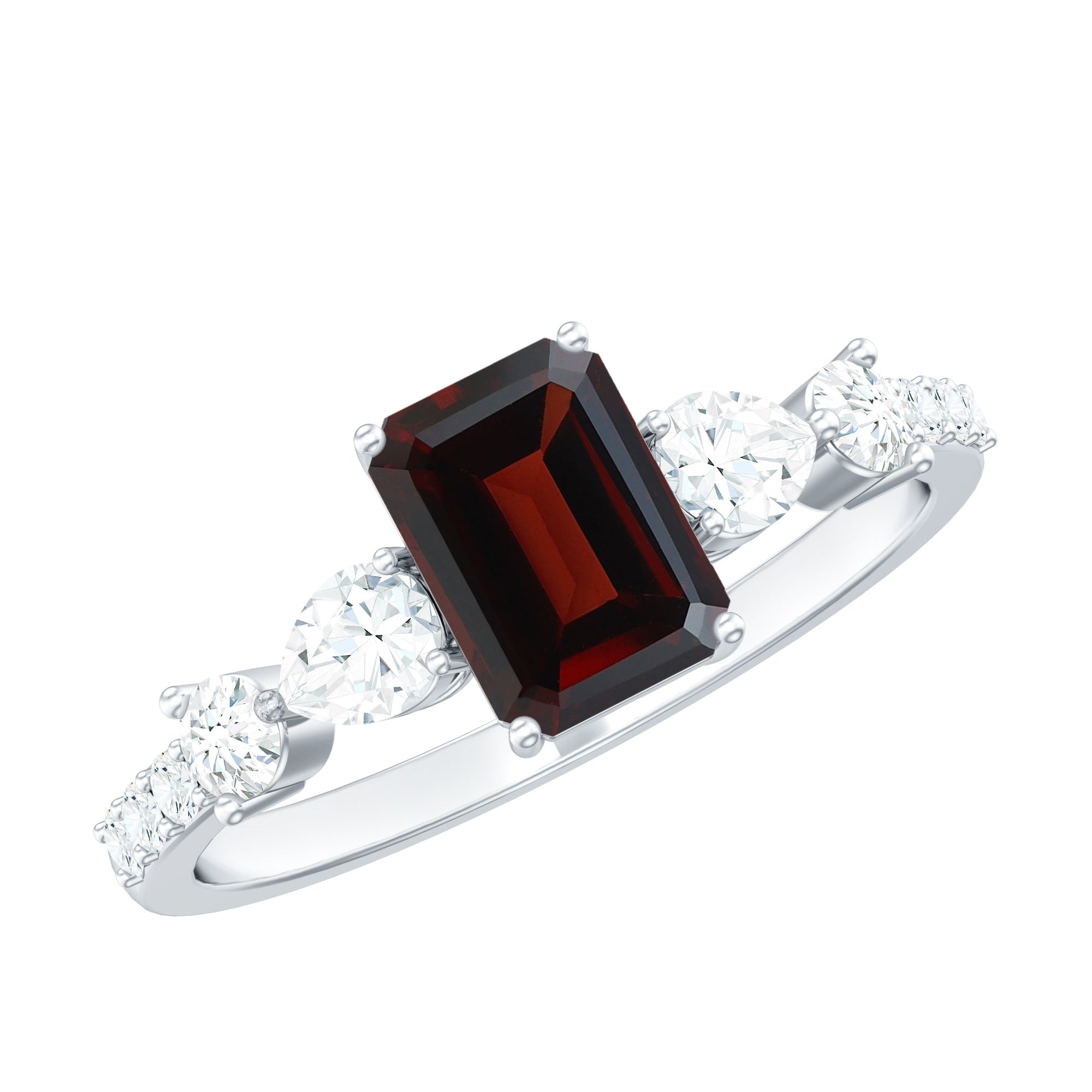 Genuine Garnet Emerald Cut Engagement Ring with Diamond Side Stones