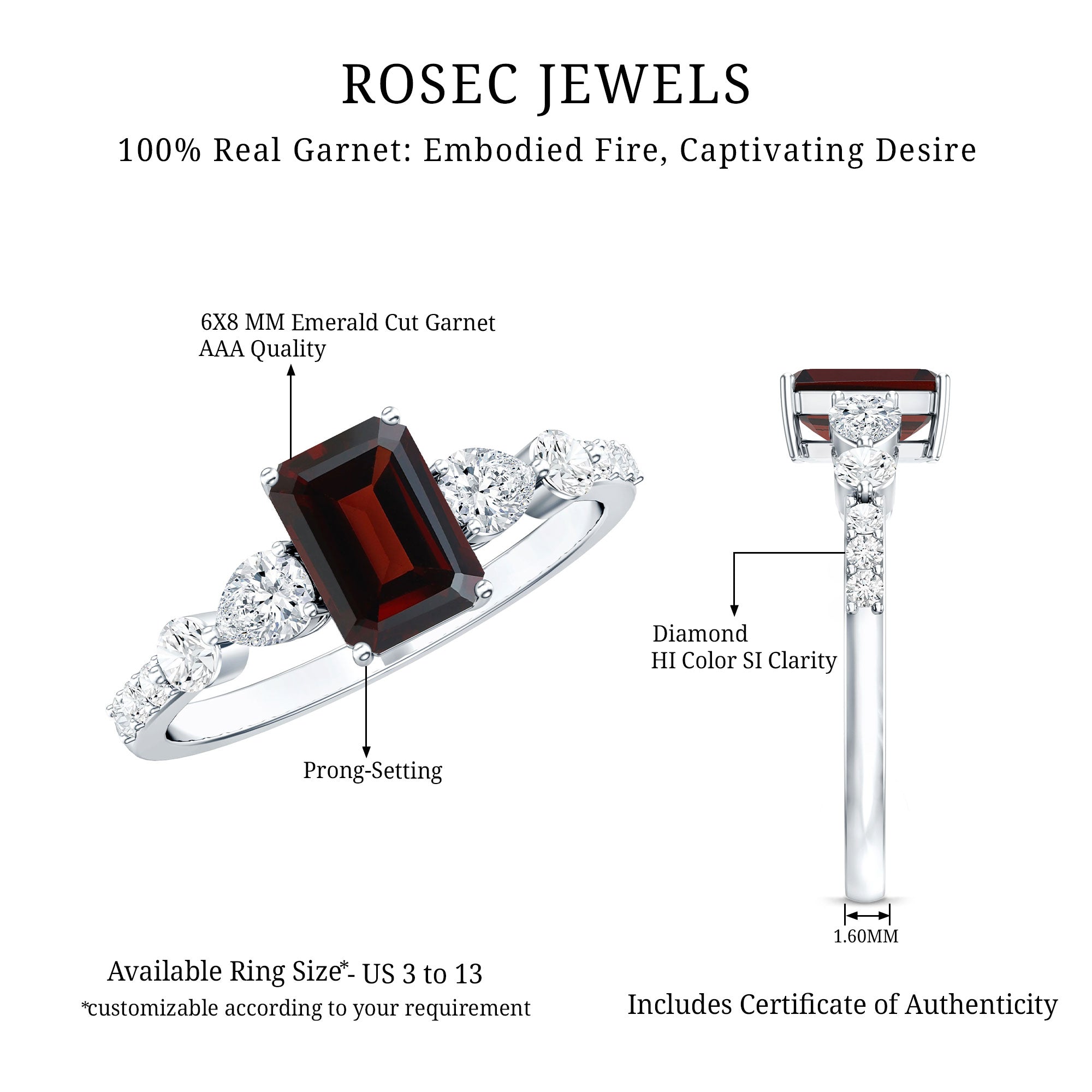 Genuine Garnet Emerald Cut Engagement Ring with Diamond Side Stones AAA - Rosec Jewels
