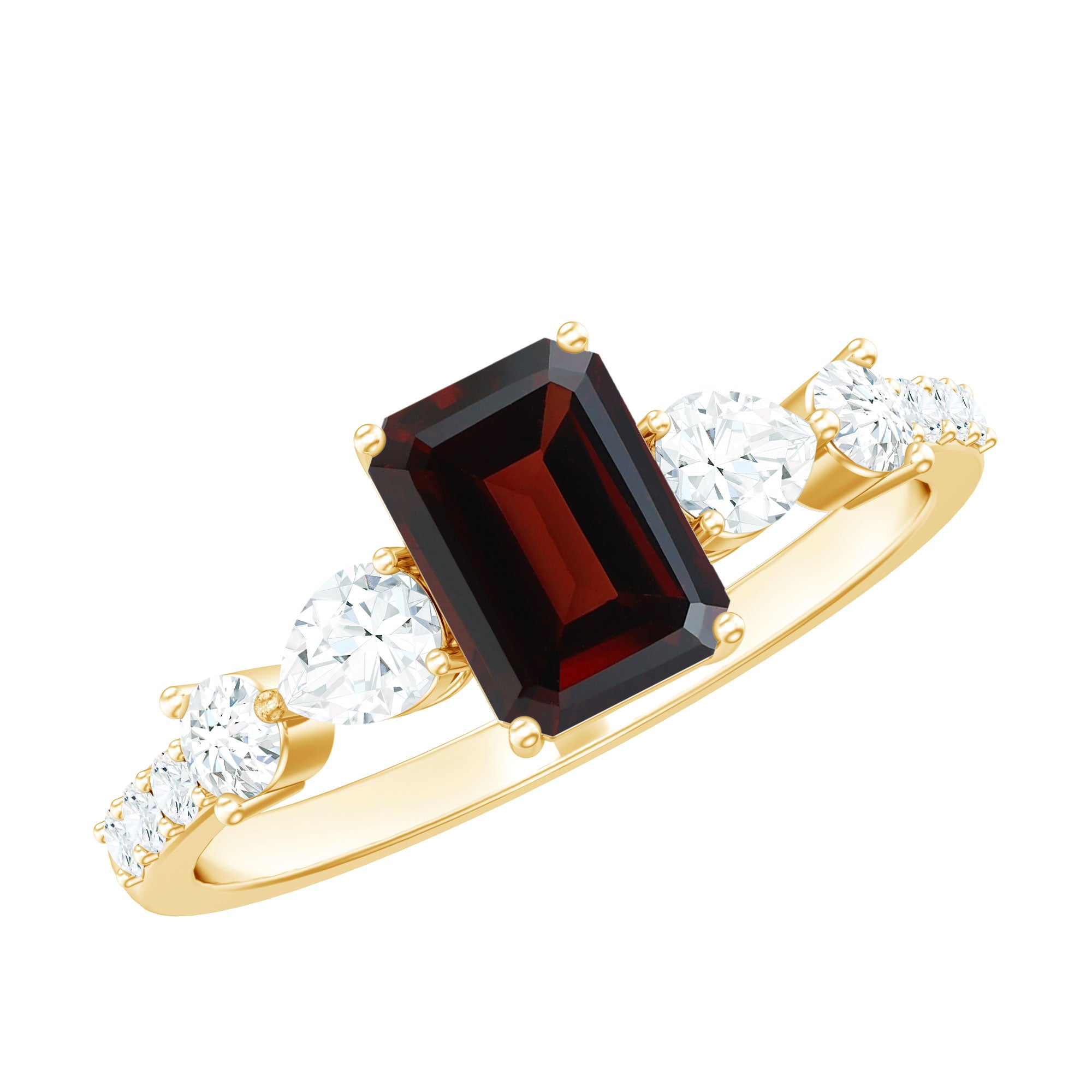 Rosec Jewels-Genuine Garnet Emerald Cut Engagement Ring with Diamond Side Stones