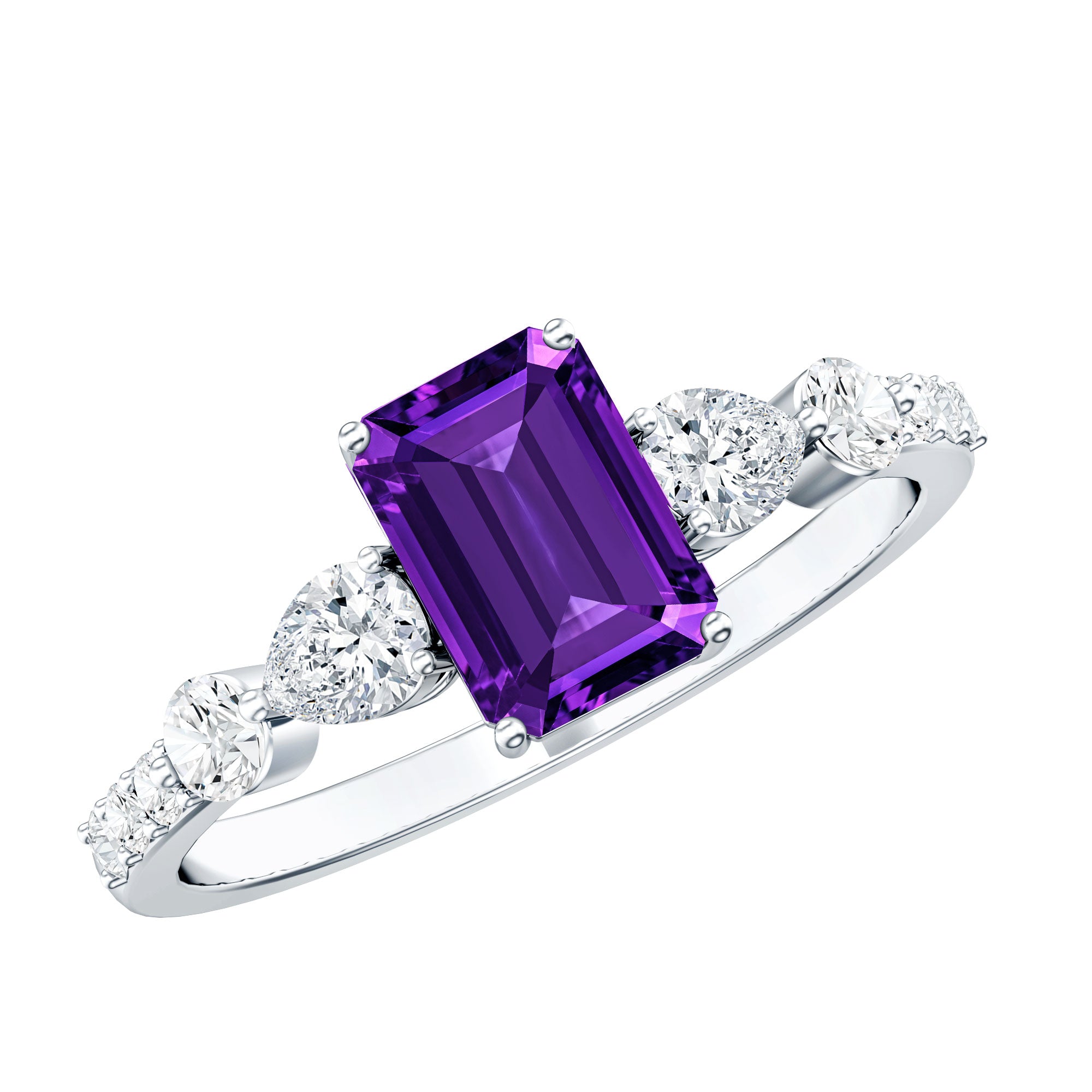 Real 1.4 Carat Emerald Cut Amethyst Engagement Ring with Moissanite AAA - Rosec Jewels