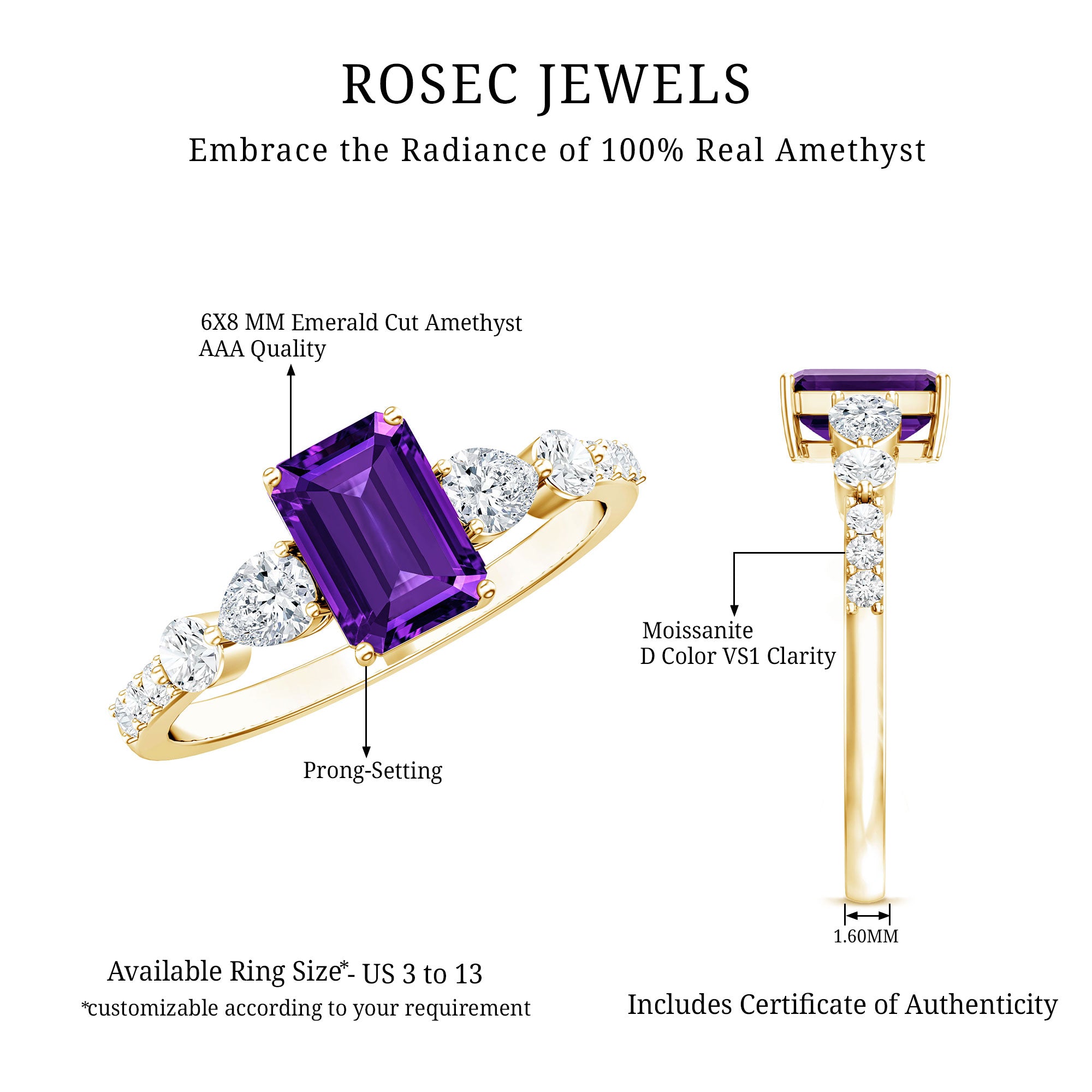 Real 1.4 Carat Emerald Cut Amethyst Engagement Ring with Moissanite AAA - Rosec Jewels