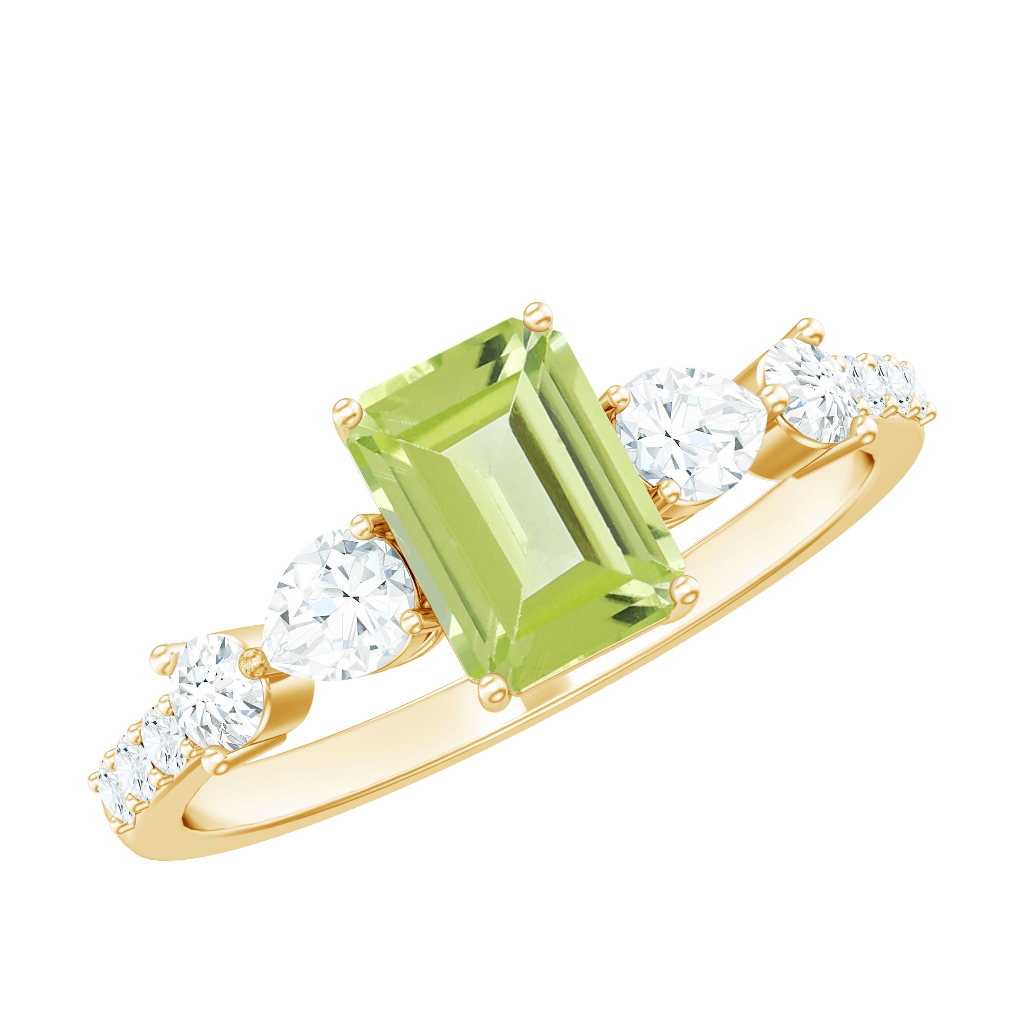 Natural 1.8 Carat Peridot Emerald Cut Engagement Ring with Side Stones AAA - Rosec Jewels