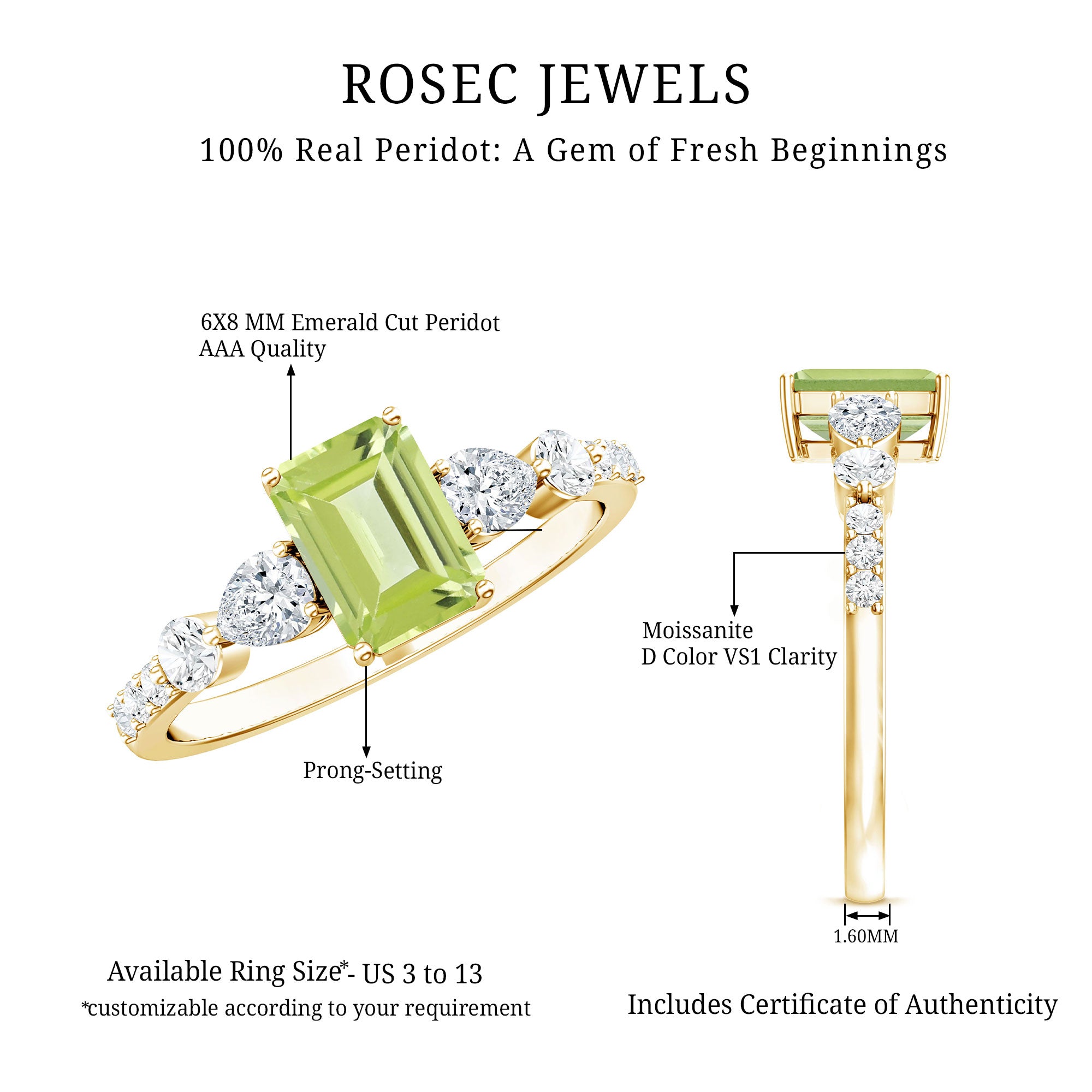 Natural 1.8 Carat Peridot Emerald Cut Engagement Ring with Side Stones AAA - Rosec Jewels