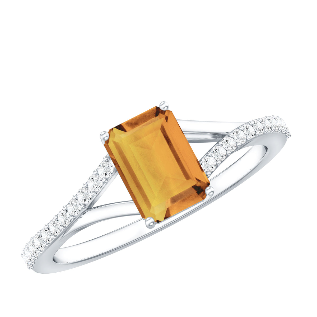 Real Citrine Emerald Cut Engagement Ring with Diamond Split Shank AAA - Rosec Jewels