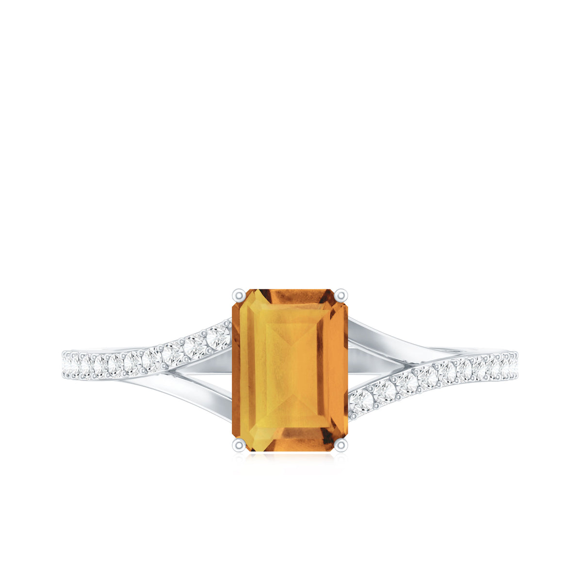 Real Citrine Emerald Cut Engagement Ring with Diamond Split Shank AAA - Rosec Jewels