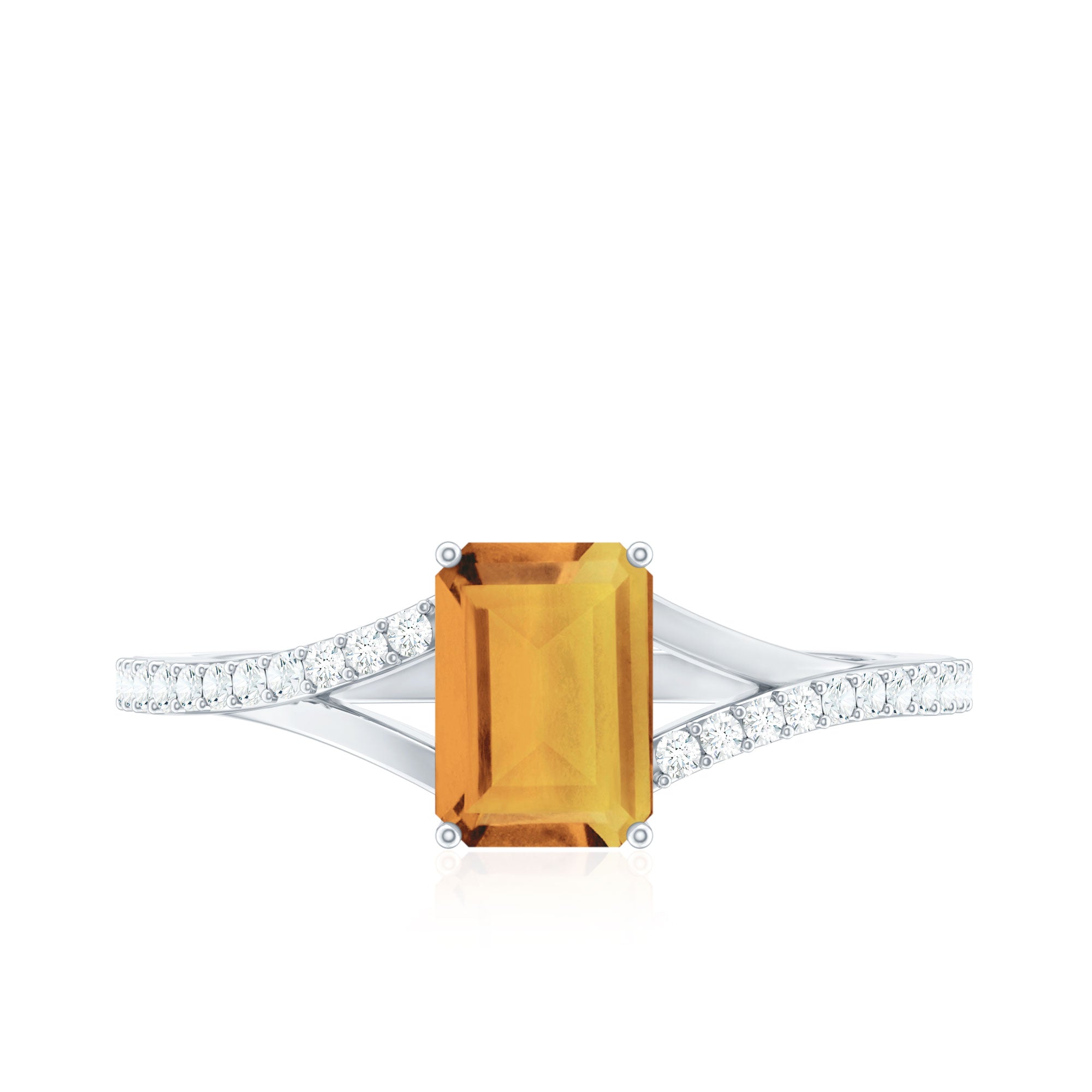 Real Citrine Emerald Cut Engagement Ring with Diamond Split Shank AAA - Rosec Jewels