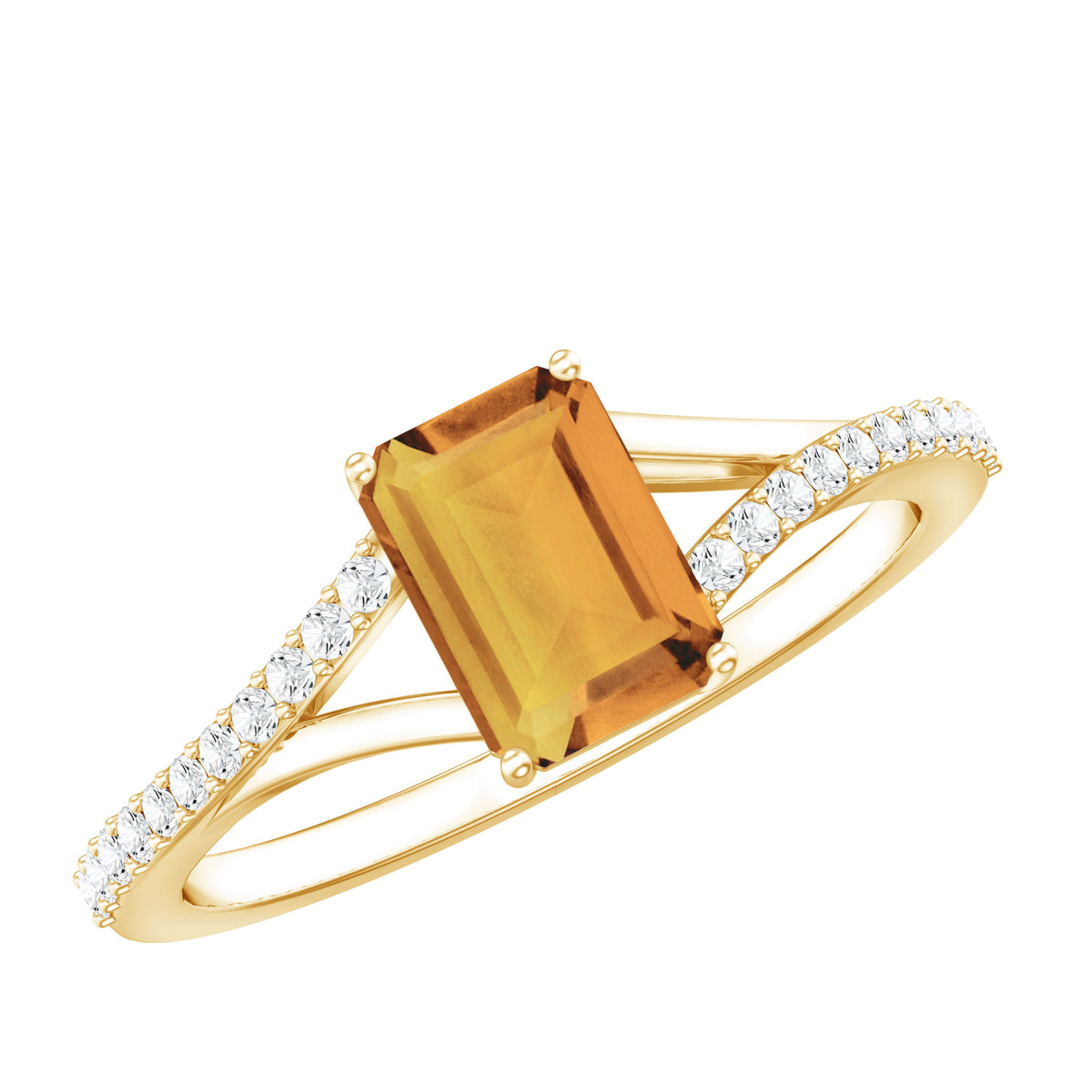 Real Citrine Emerald Cut Engagement Ring with Diamond Split Shank AAA - Rosec Jewels
