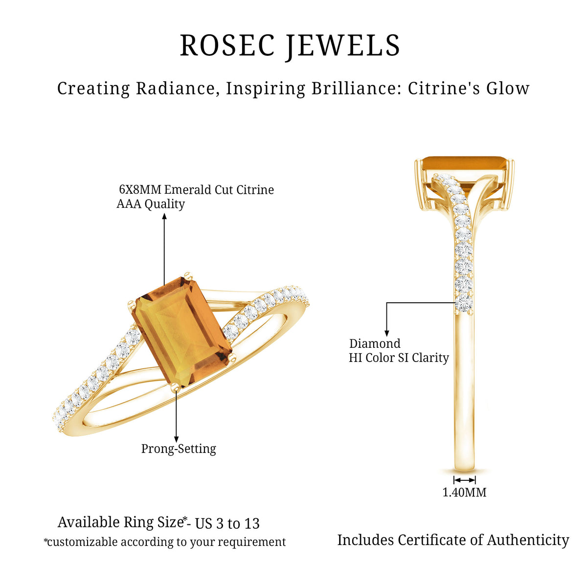 Real Citrine Emerald Cut Engagement Ring with Diamond Split Shank AAA - Rosec Jewels