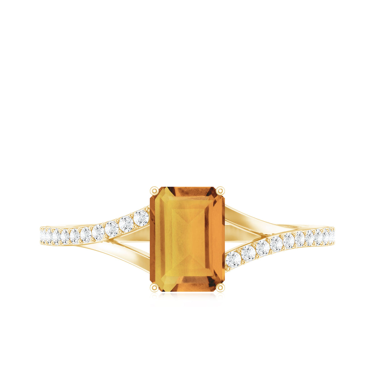 Real Citrine Emerald Cut Engagement Ring with Diamond Split Shank AAA - Rosec Jewels