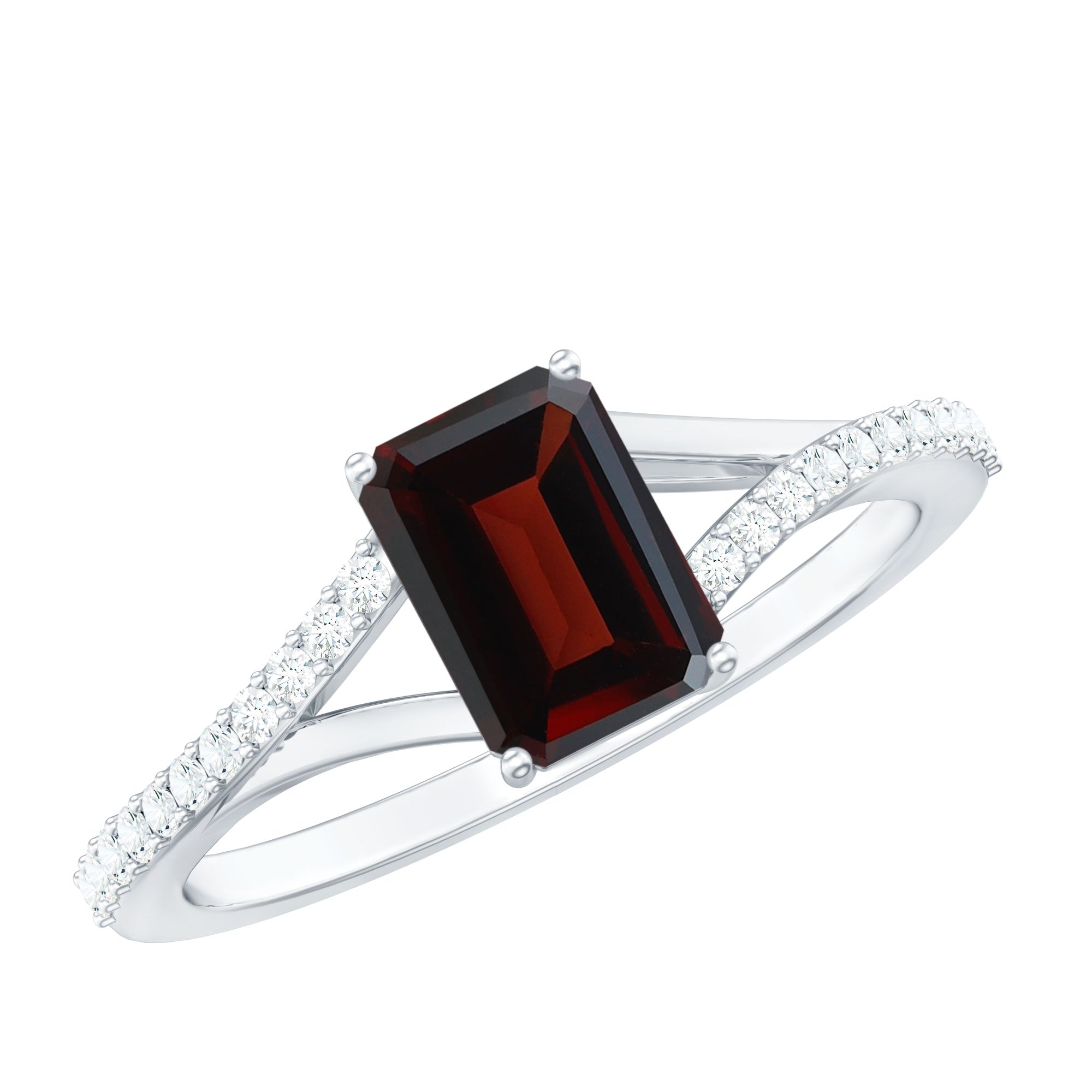 Certified Natural Garnet Emerald Cut Engagement Ring with Diamond Split Shank