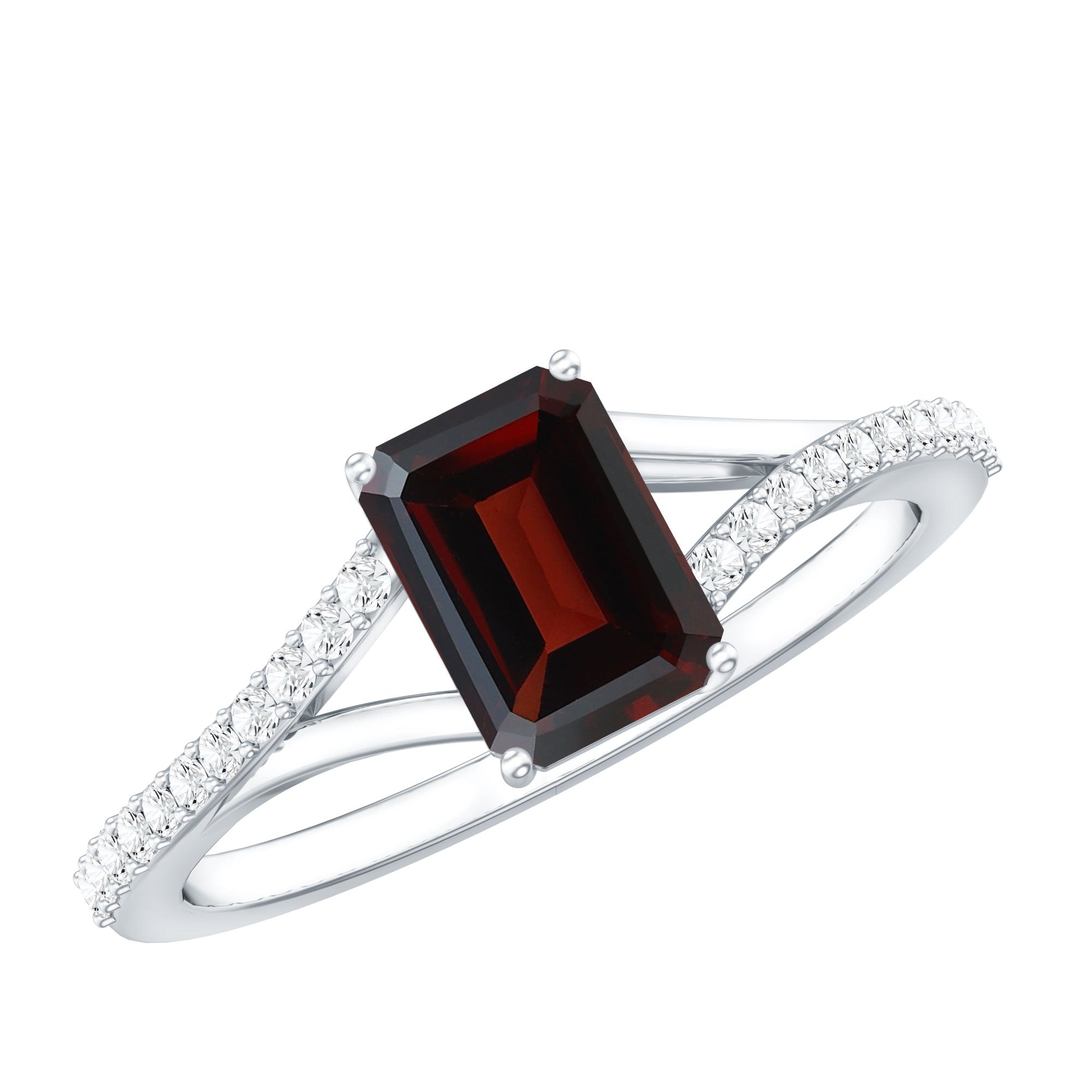 Certified Natural Garnet Emerald Cut Engagement Ring with Diamond Split Shank AAA - Rosec Jewels