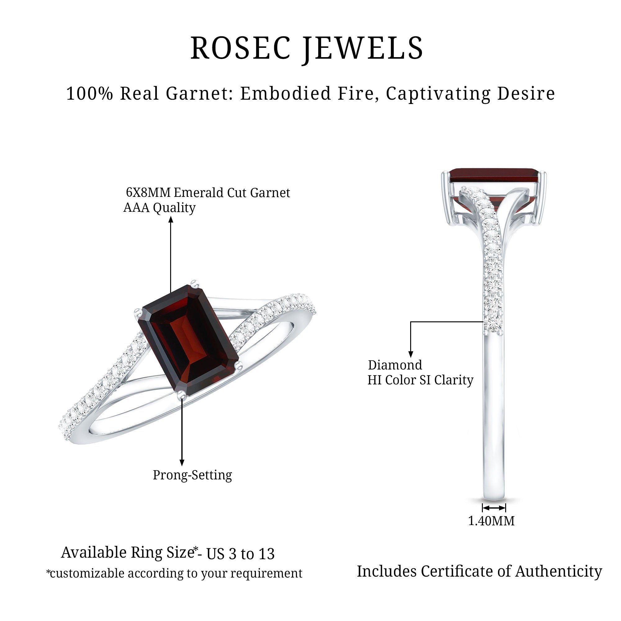 Certified Natural Garnet Emerald Cut Engagement Ring with Diamond Split Shank AAA - Rosec Jewels