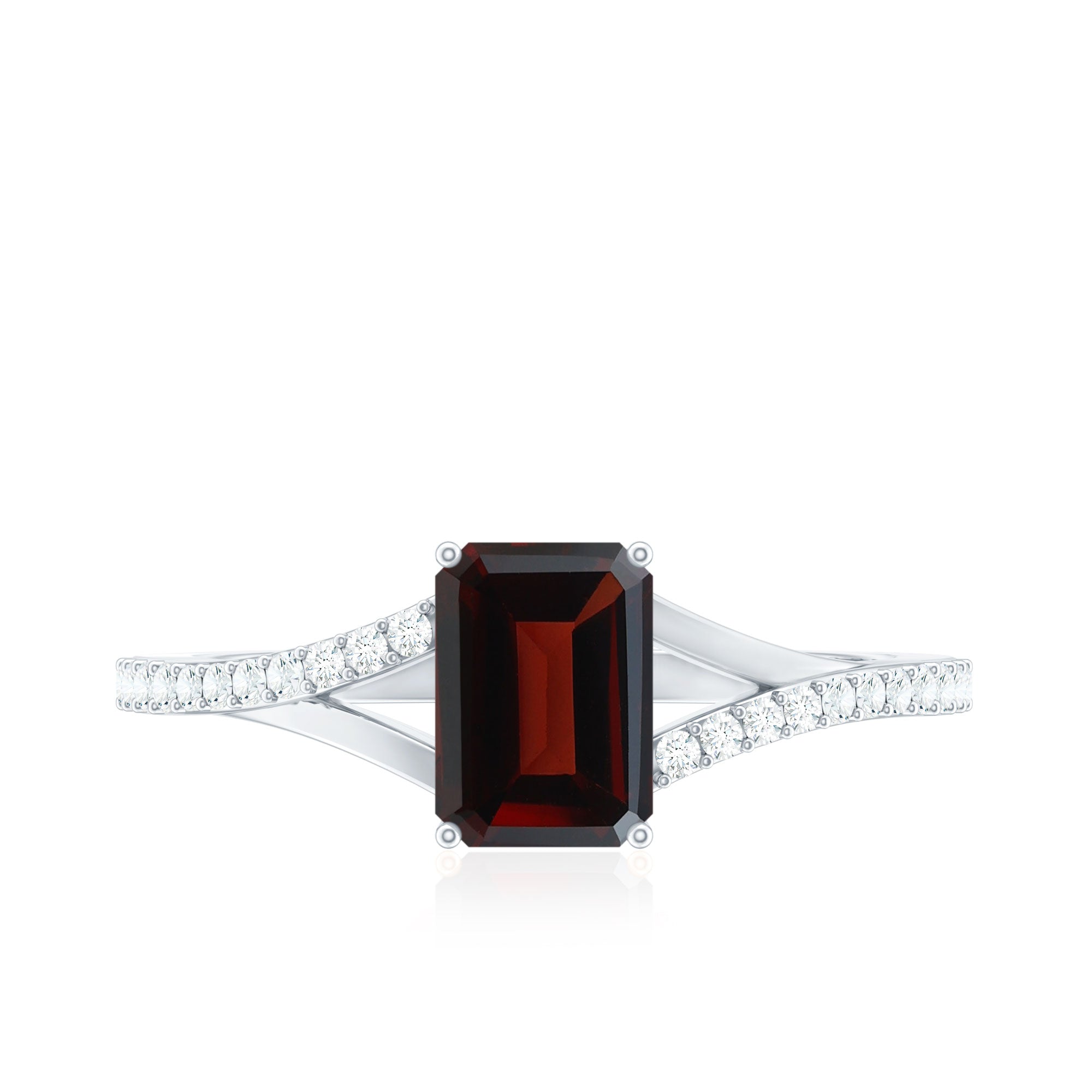 Certified Natural Garnet Emerald Cut Engagement Ring with Diamond Split Shank AAA - Rosec Jewels