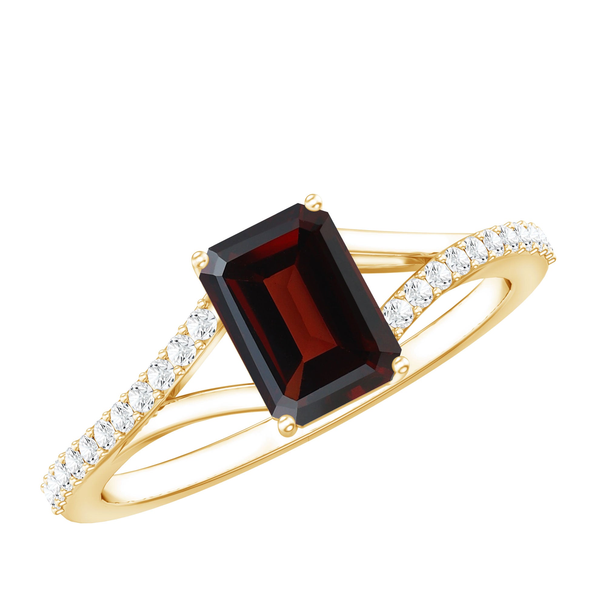 Certified Natural Garnet Emerald Cut Engagement Ring with Diamond Split Shank AAA - Rosec Jewels