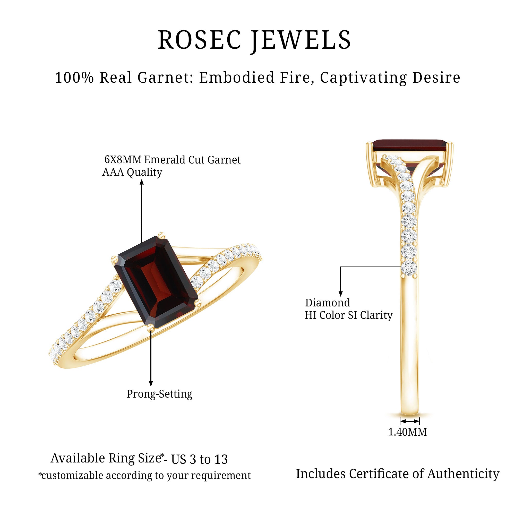 Certified Natural Garnet Emerald Cut Engagement Ring with Diamond Split Shank AAA - Rosec Jewels