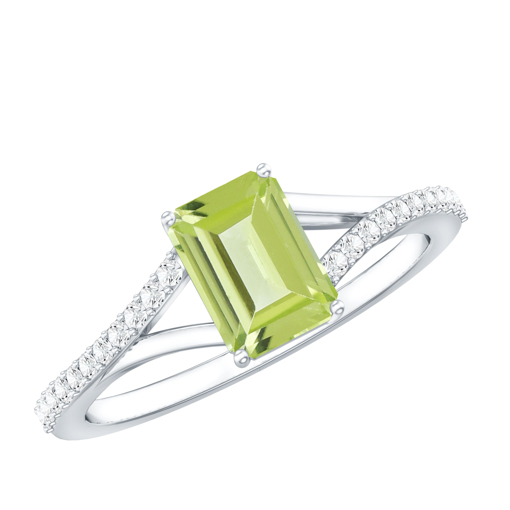 1.8 Carat Peridot Emerald Cut Engagement Ring with Diamond Split Shank AAA - Rosec Jewels