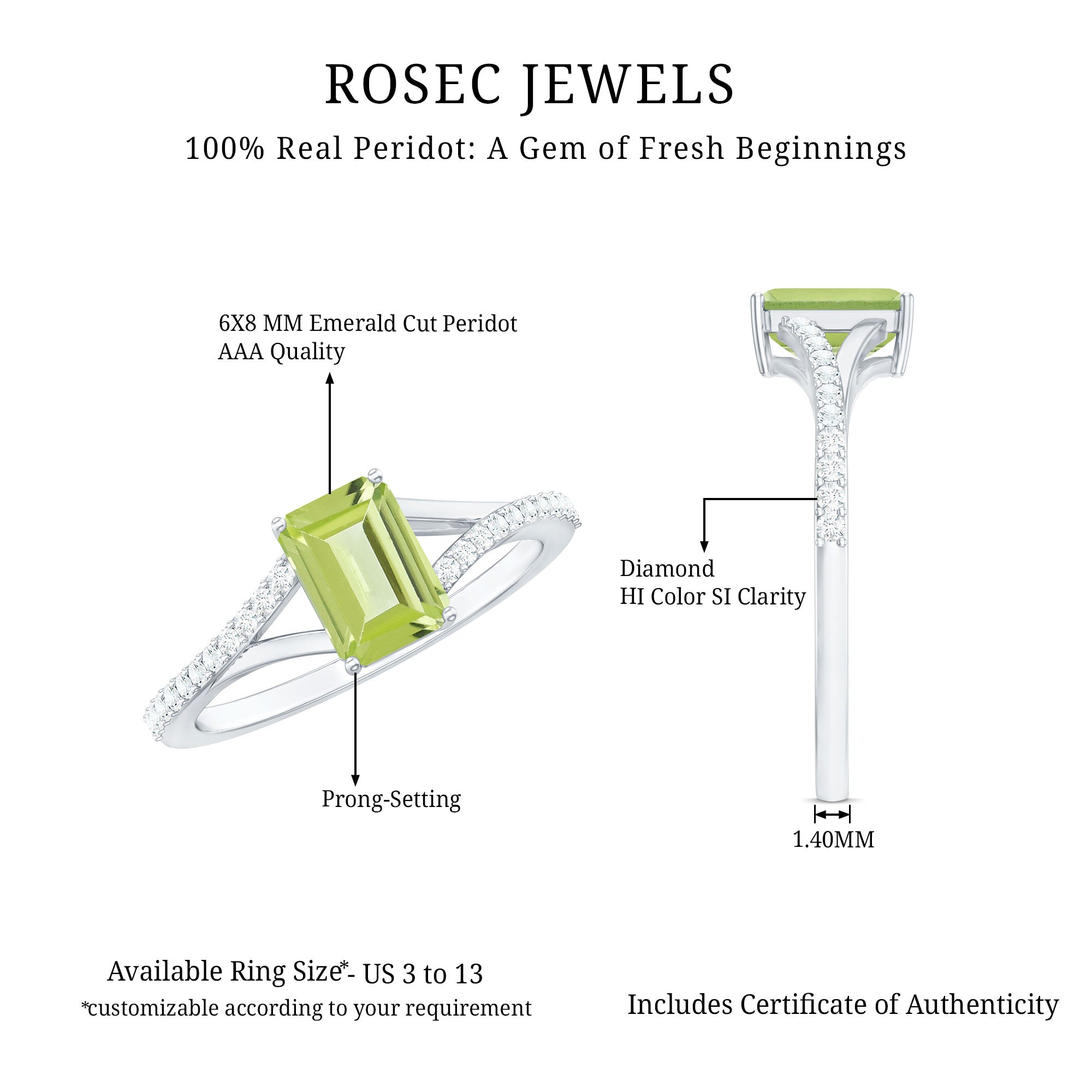 1.8 Carat Peridot Emerald Cut Engagement Ring with Diamond Split Shank AAA - Rosec Jewels