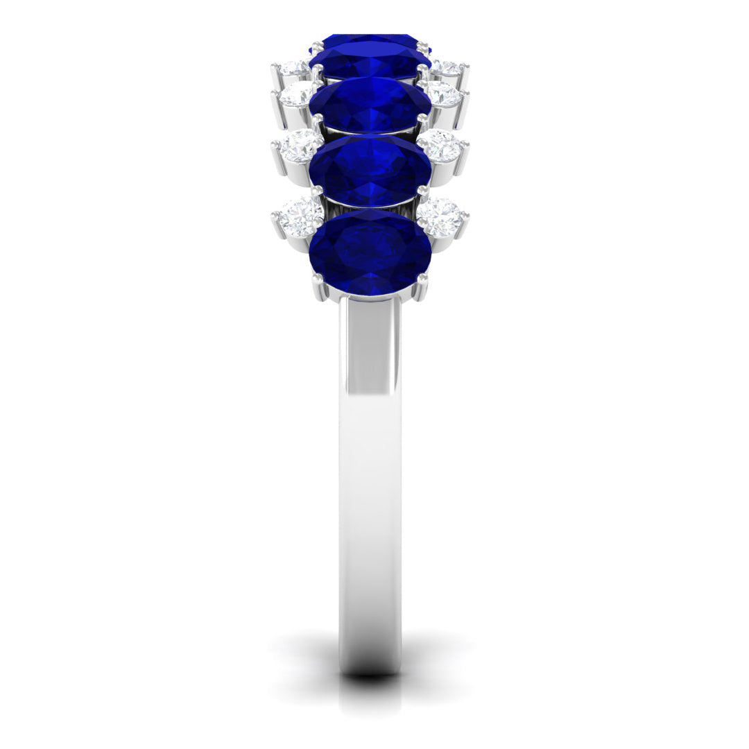 Natural Oval Blue Sapphire Half Eternity Band with Diamond AAA - Rosec Jewels