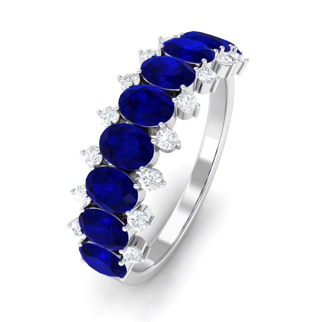 Natural Oval Blue Sapphire Half Eternity Band with Diamond AAA - Rosec Jewels