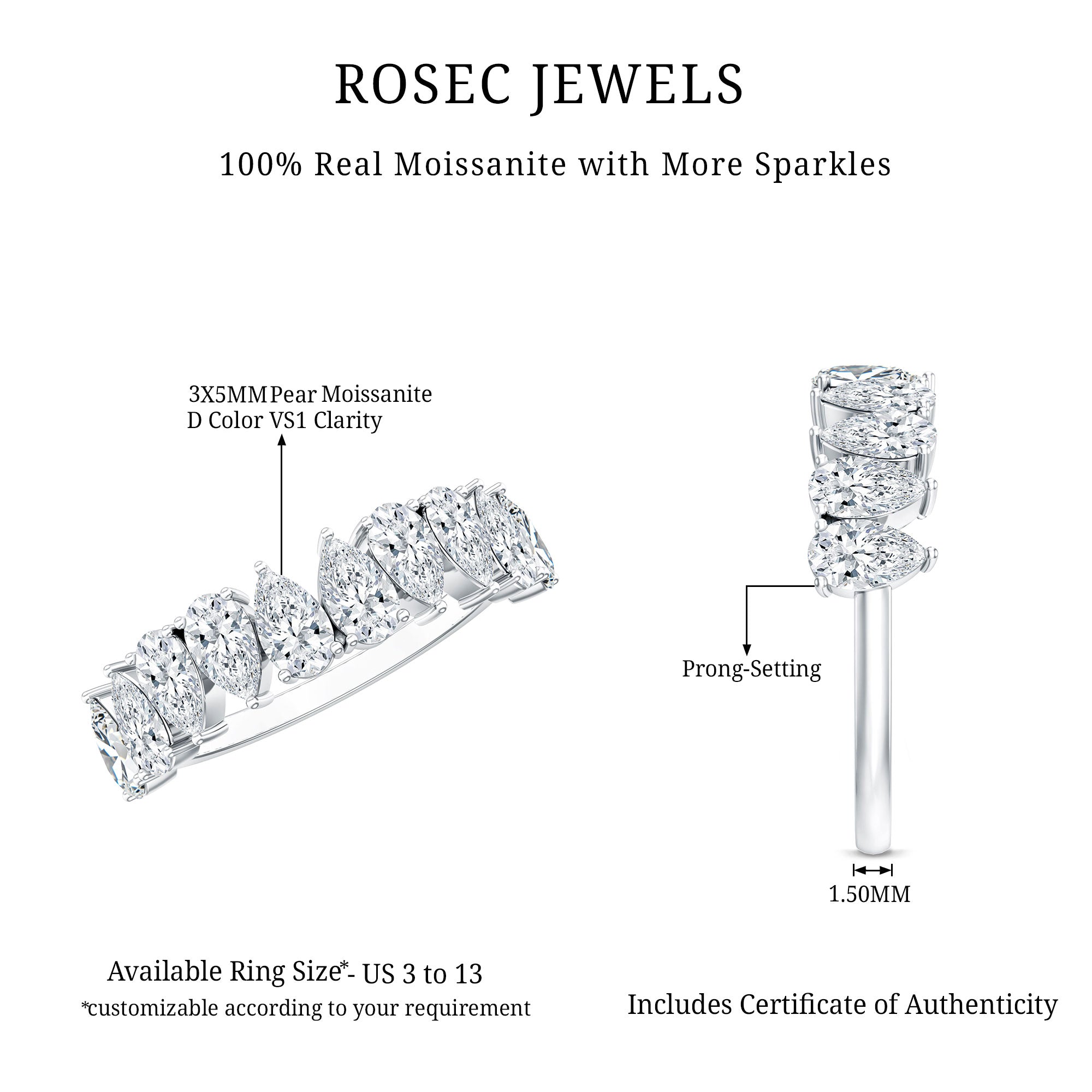 Pear Cut Moissanite Half Eternity Ring for Women D-VS1 - Rosec Jewels