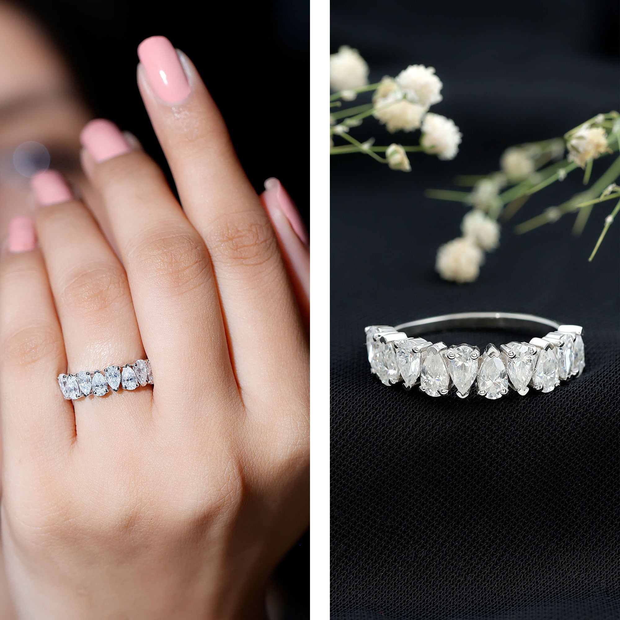 Pear Cut Moissanite Half Eternity Ring for Women D-VS1 - Rosec Jewels
