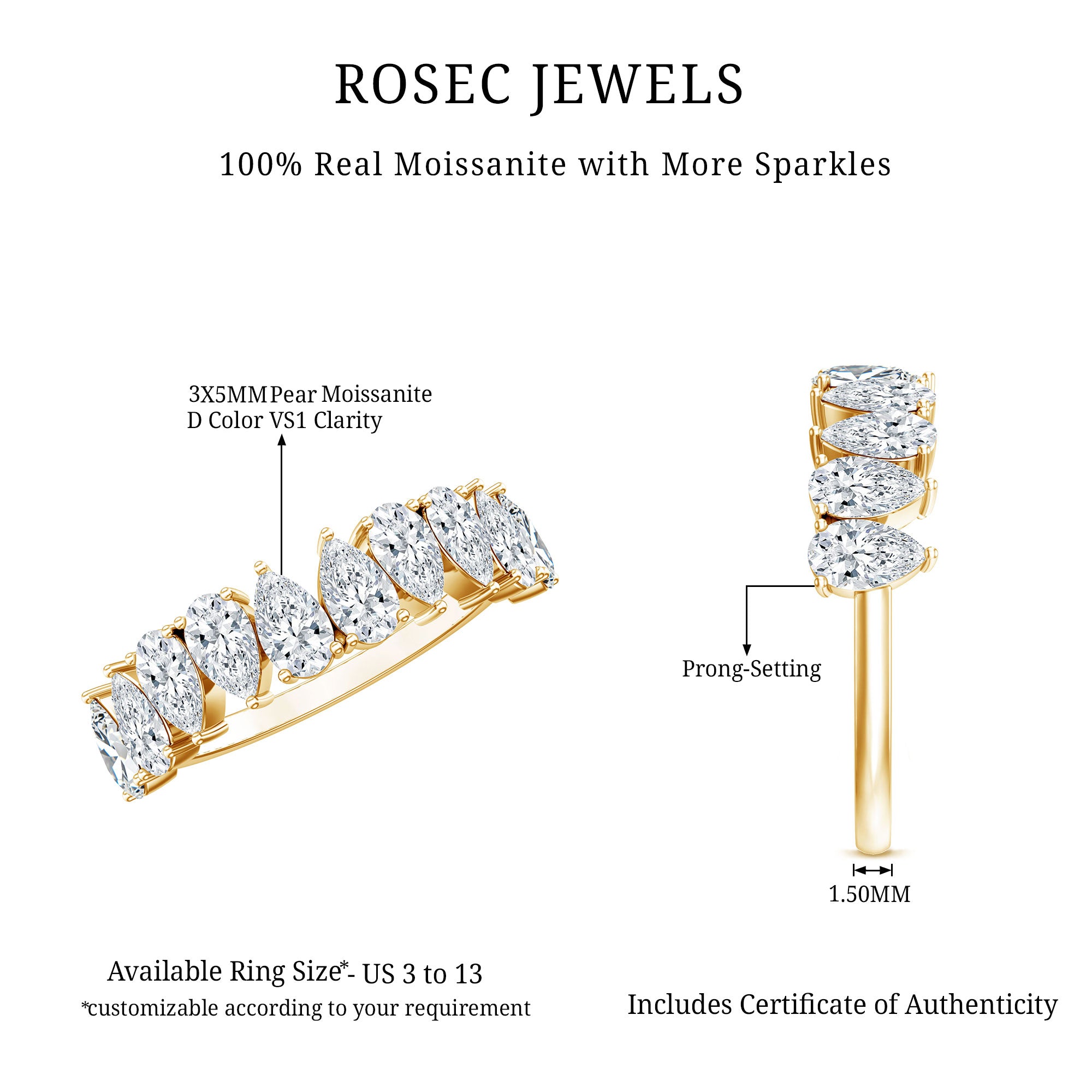 Pear Cut Moissanite Half Eternity Ring for Women D-VS1 - Rosec Jewels