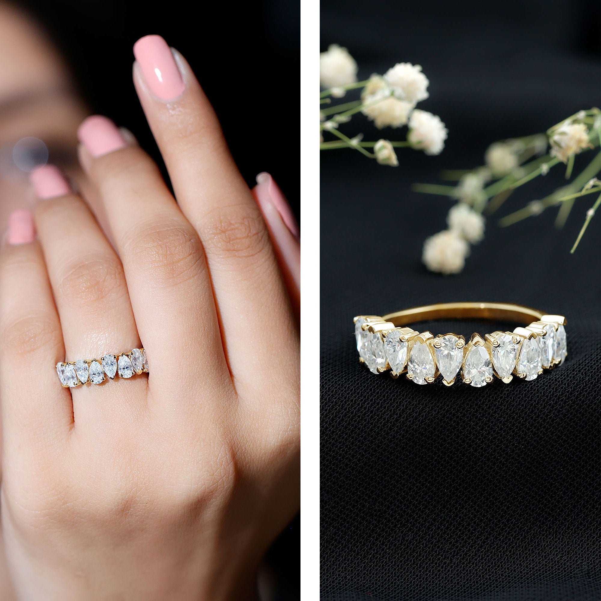 Pear Cut Moissanite Half Eternity Ring for Women D-VS1 - Rosec Jewels