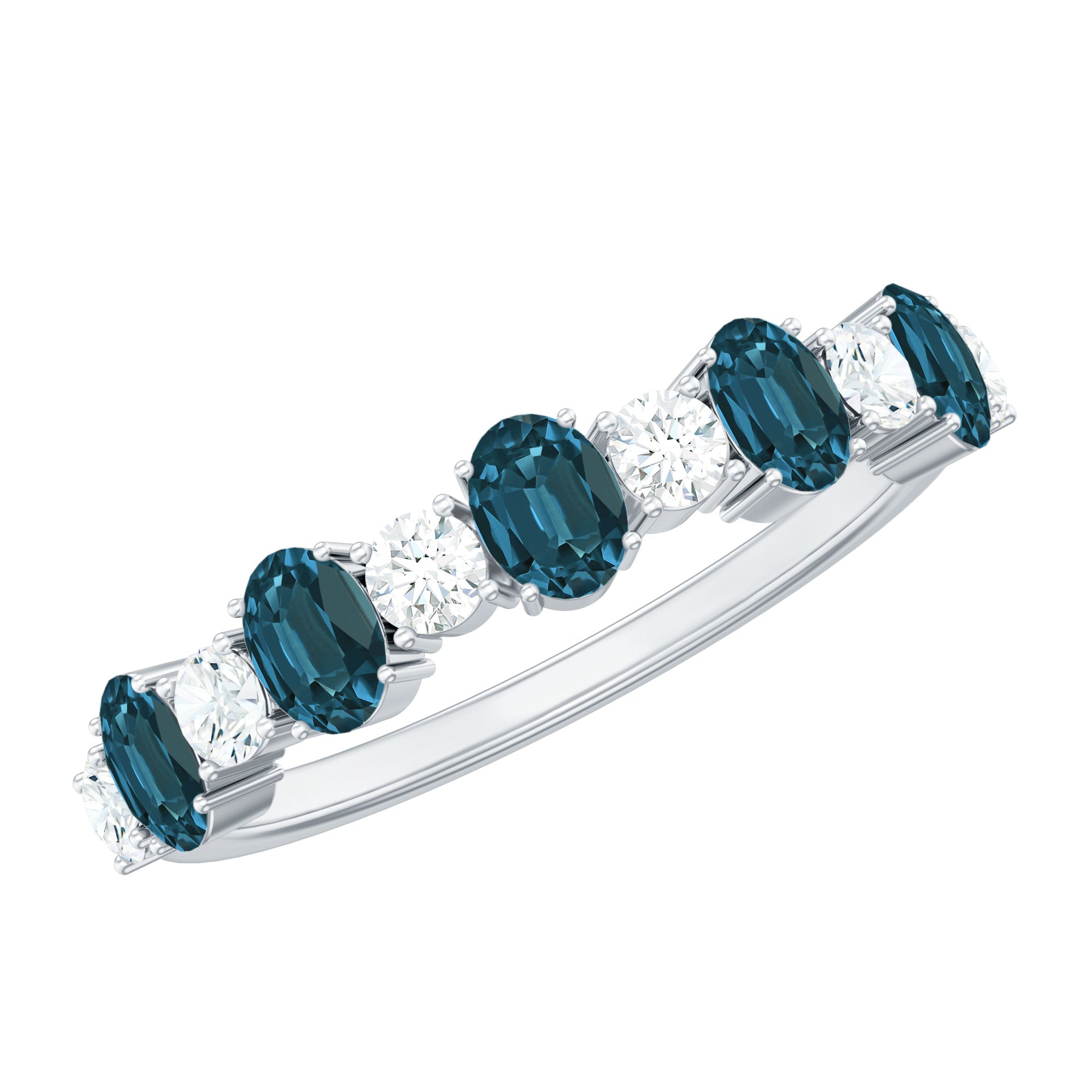 Oval London Blue Topaz Half Eternity Band Ring with Diamond AAA - Rosec Jewels