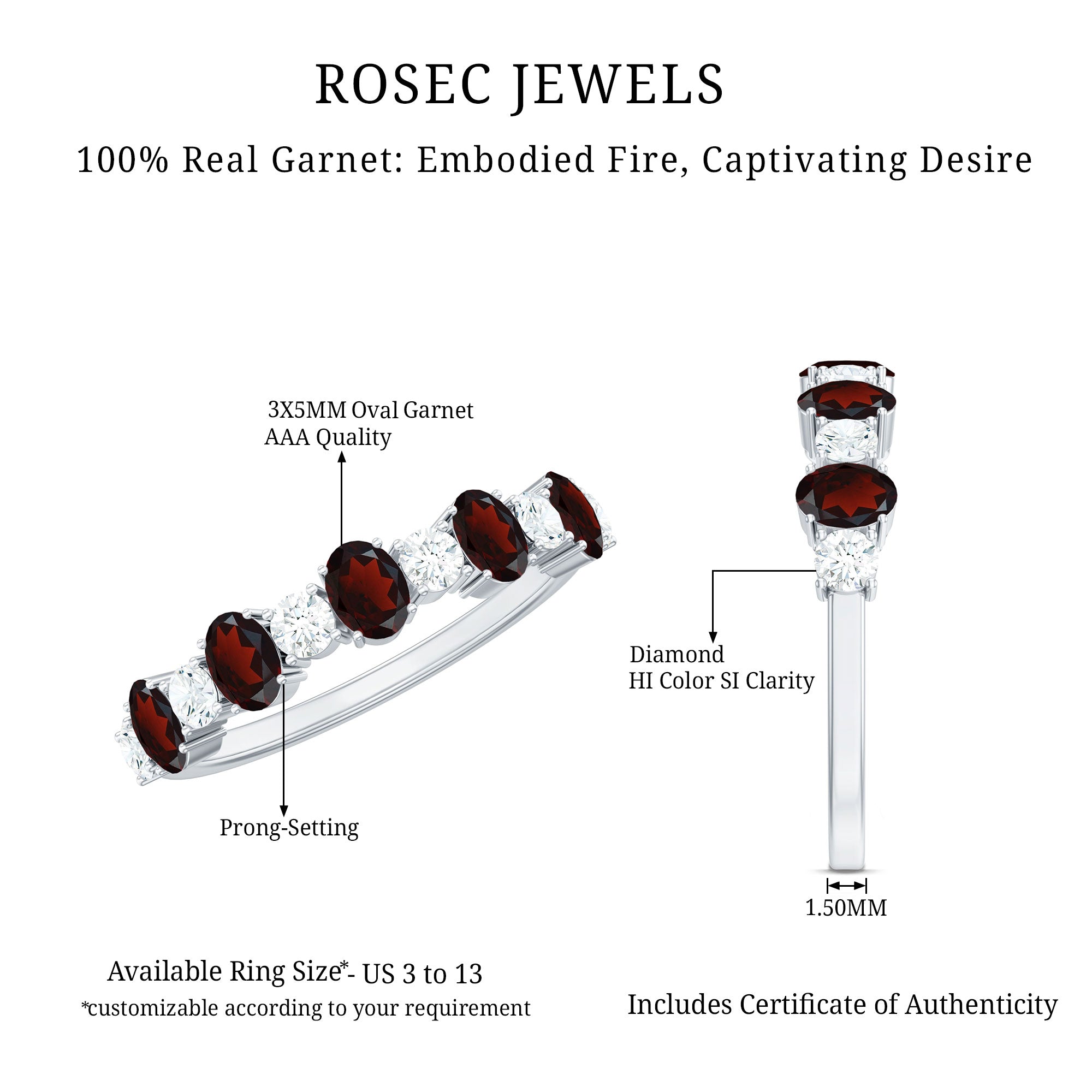 Certified Real Garnet Diamond Half Eternity Ring for Anniversary AAA - Rosec Jewels